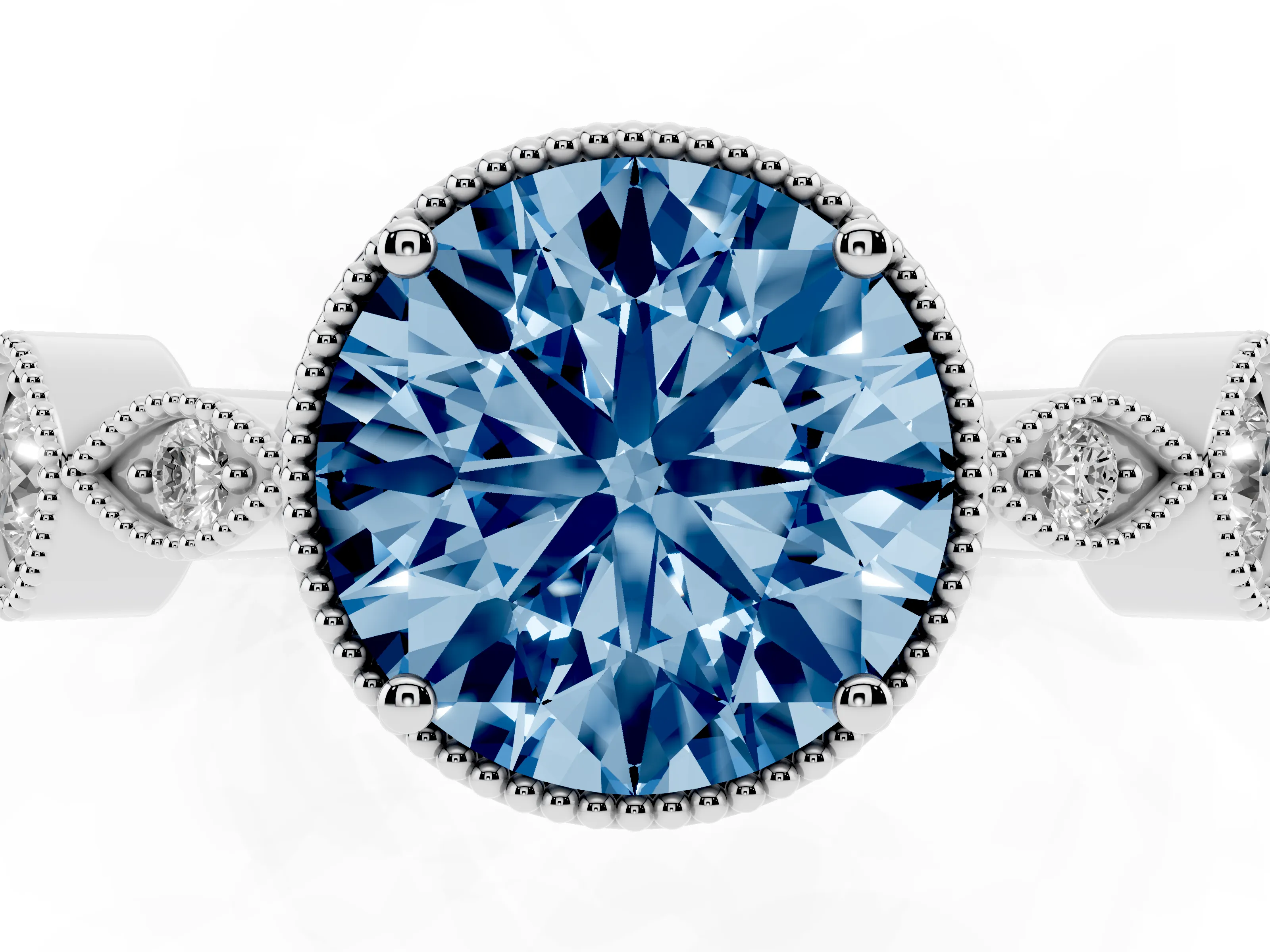 Fancy Blue Round Cut Diamond Vintage-Inspired Milgrain Ring Set in Platinum with Marquise Stations of Round Accents