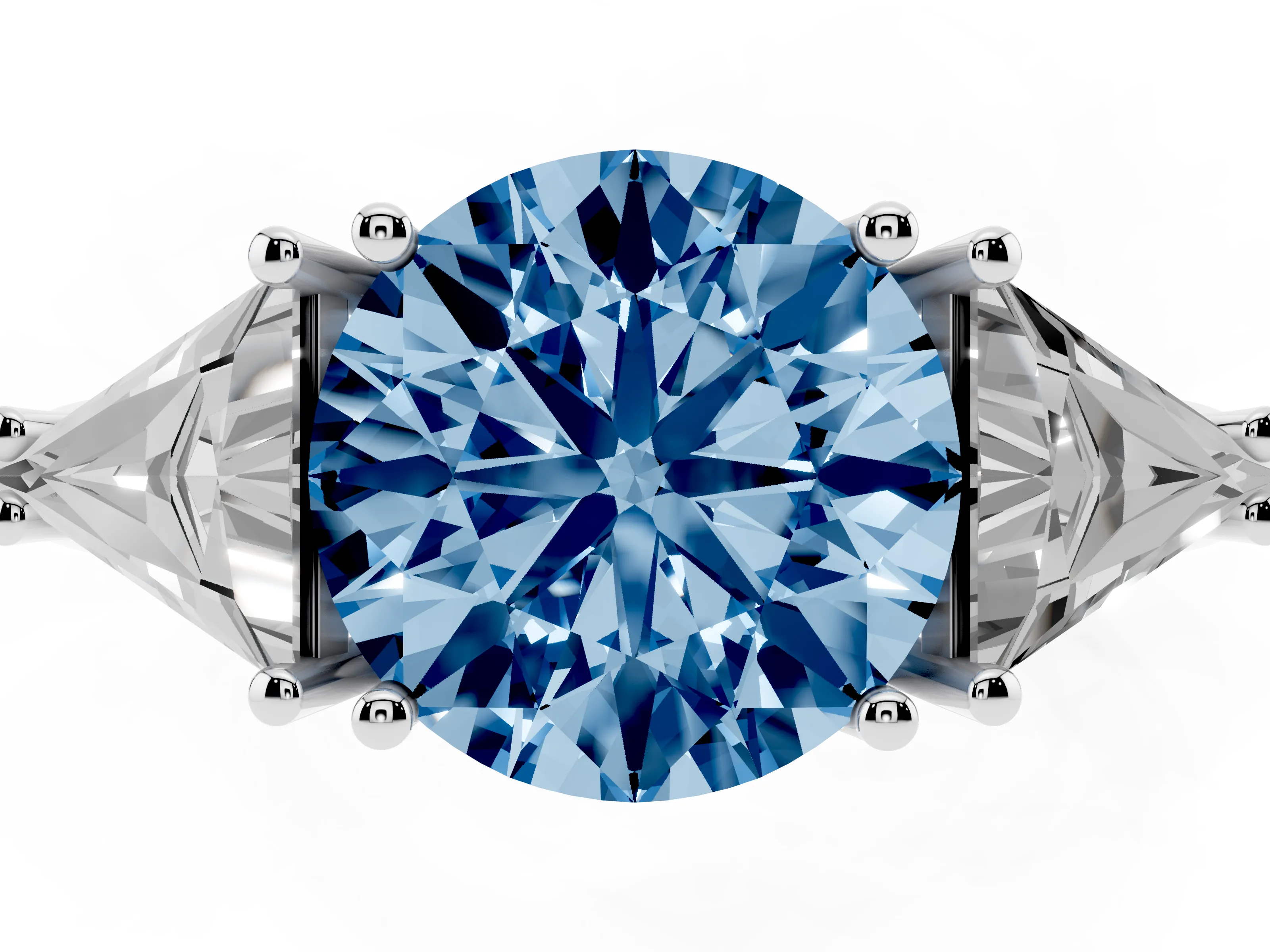 Fancy Blue Round Cut Diamond Three-Stone Engagement Ring Set in White gold with Trillion Side Stones