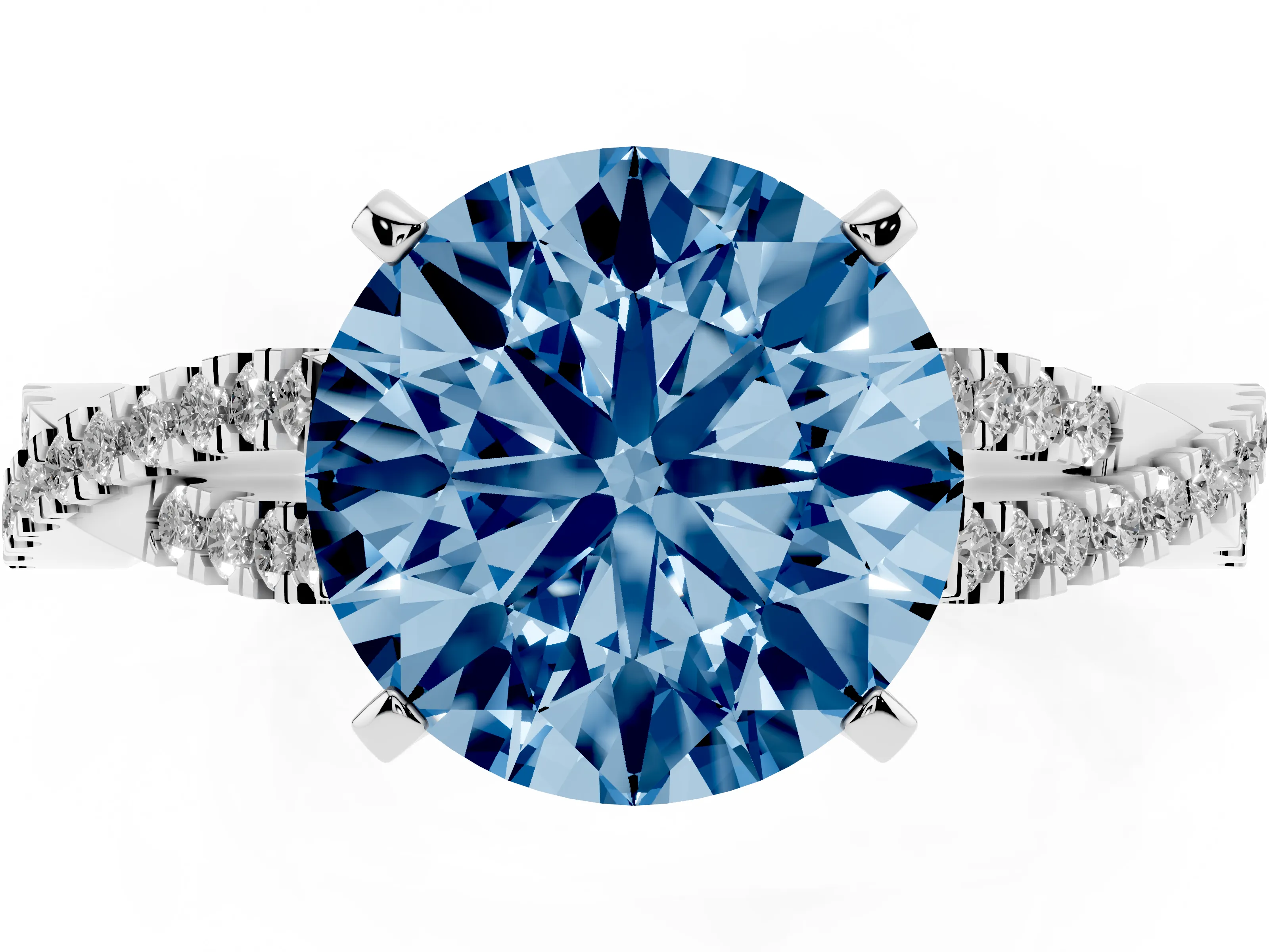 Fancy Blue Round Cut Diamond Solitaire Engagement Ring Set in Platinum with Twisted Pavé Band and Prong Setting