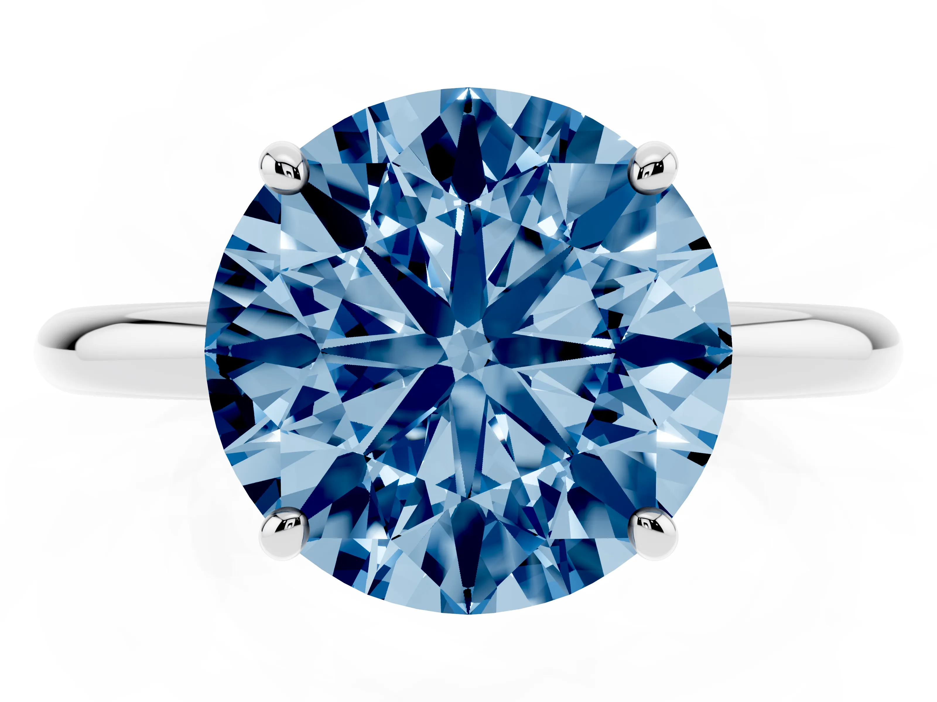 Fancy Blue Round Cut Diamond Solitaire Ring Set in Silver with Prong Setting on a Polished Plain Band