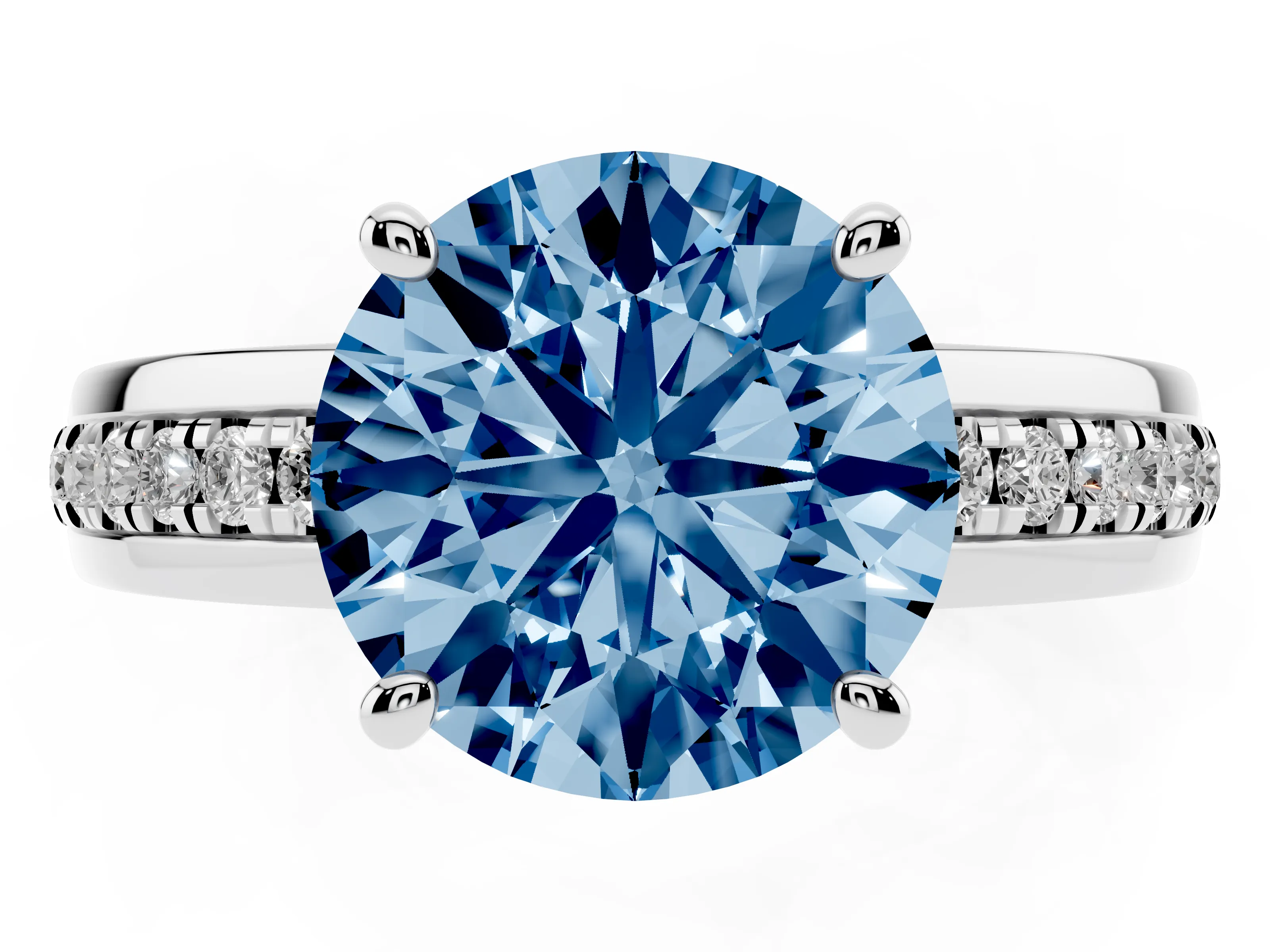 Fancy Blue Round Cut Diamond Solitaire Ring Set in Platinum with Channel Set Band and Prong Setting