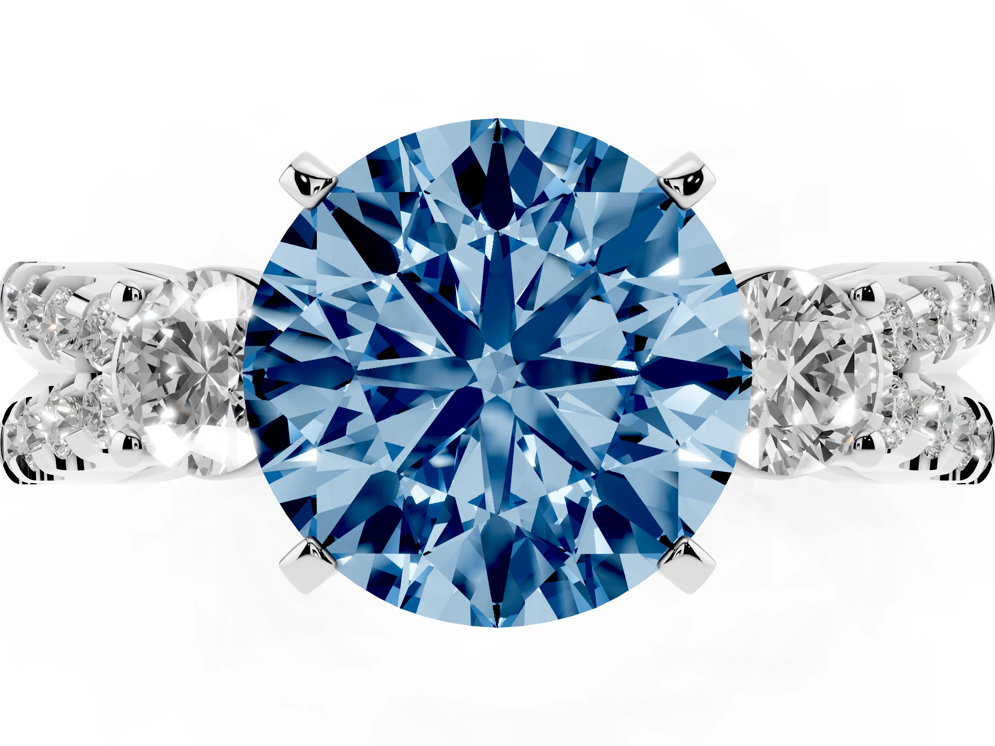 Fancy Blue Round Cut Diamond Three-Stone Ring Set in Silver with Pavé Split Shank and Prong Setting