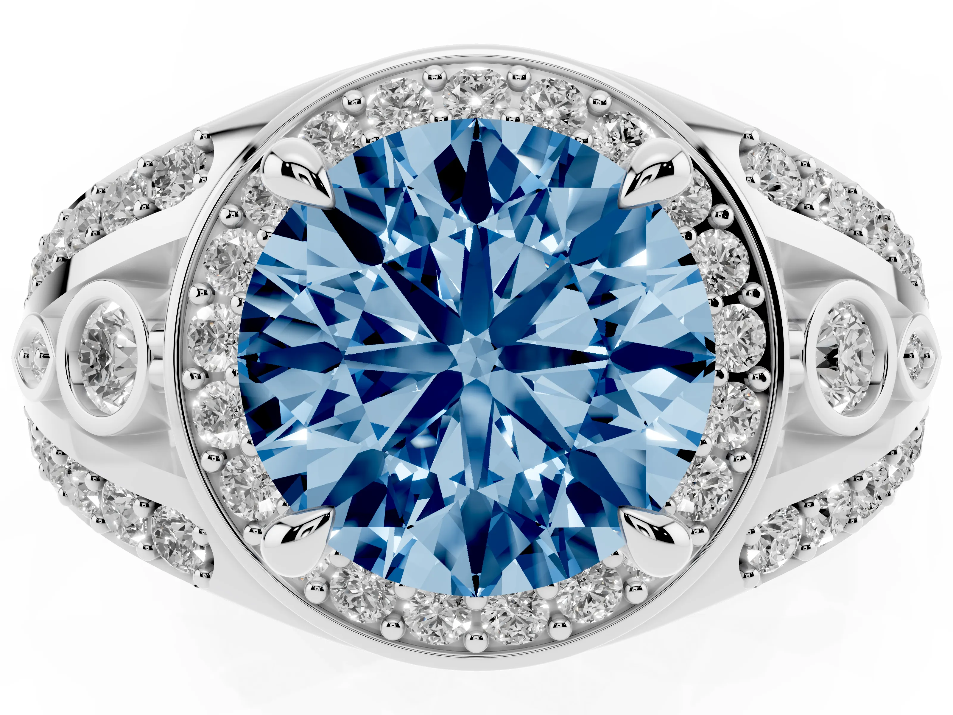 Fancy Blue Round Cut Diamond Halo Ring Set in Platinum with Pavé Split Shank and Bezel Accents