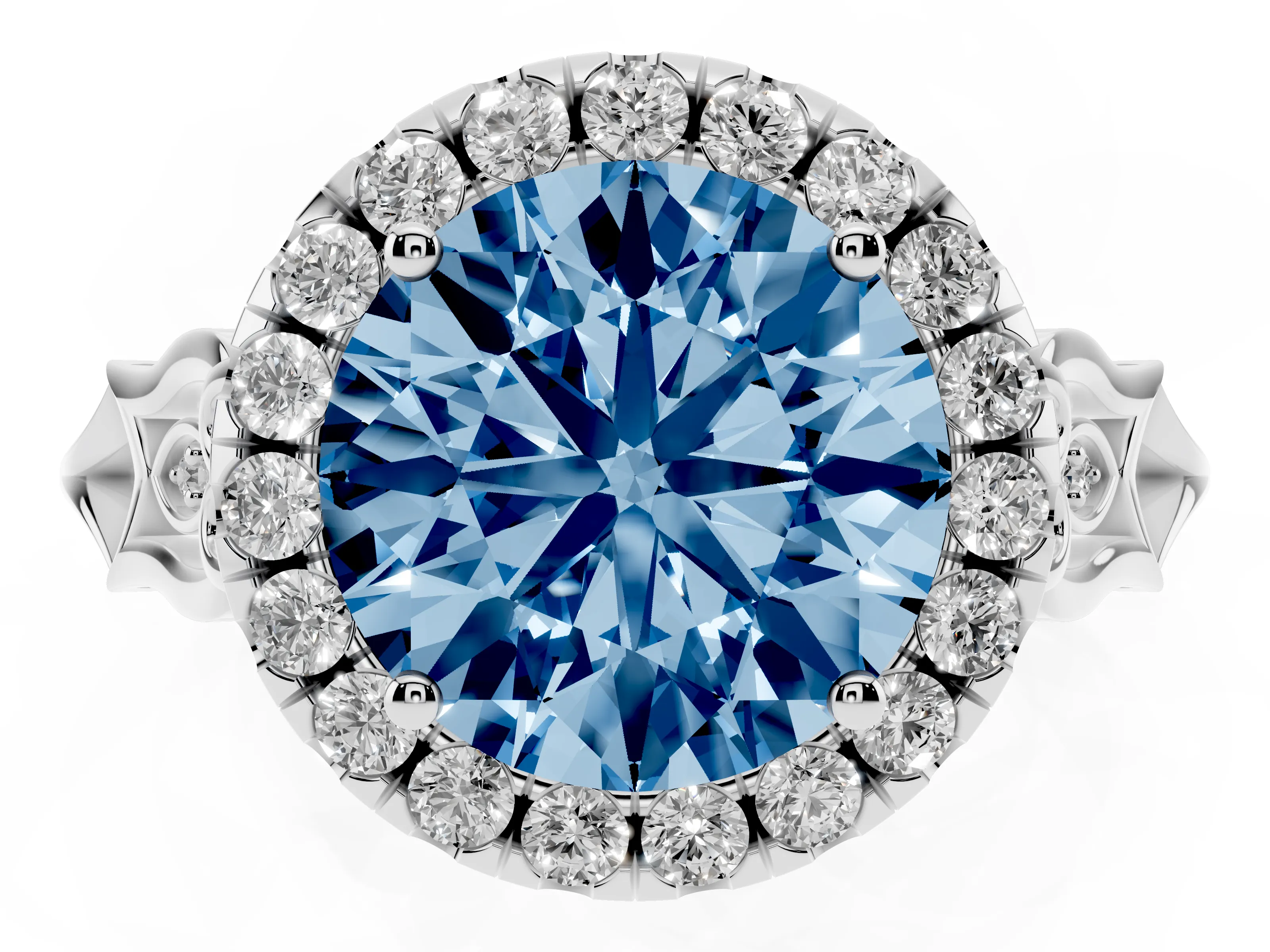 Fancy Blue Round Cut Diamond Halo Engagement Ring Set in Platinum with Filigree Band and Prong-Set Center