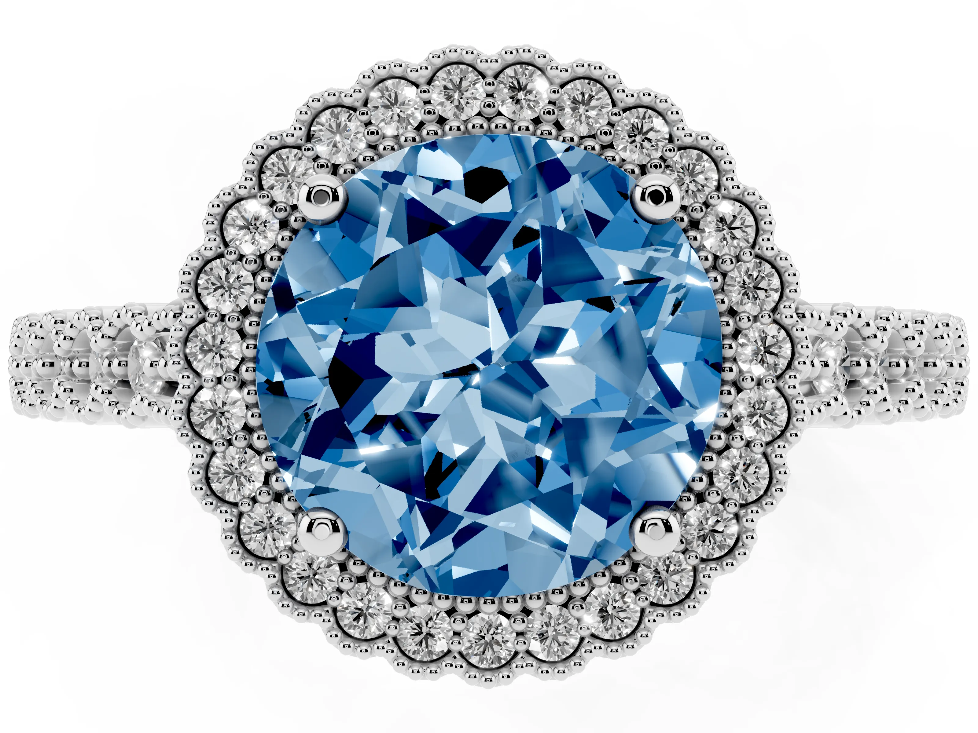 Fancy Blue Round Cut Diamond Halo Ring Set in Platinum with Pavé Milgrain Band
