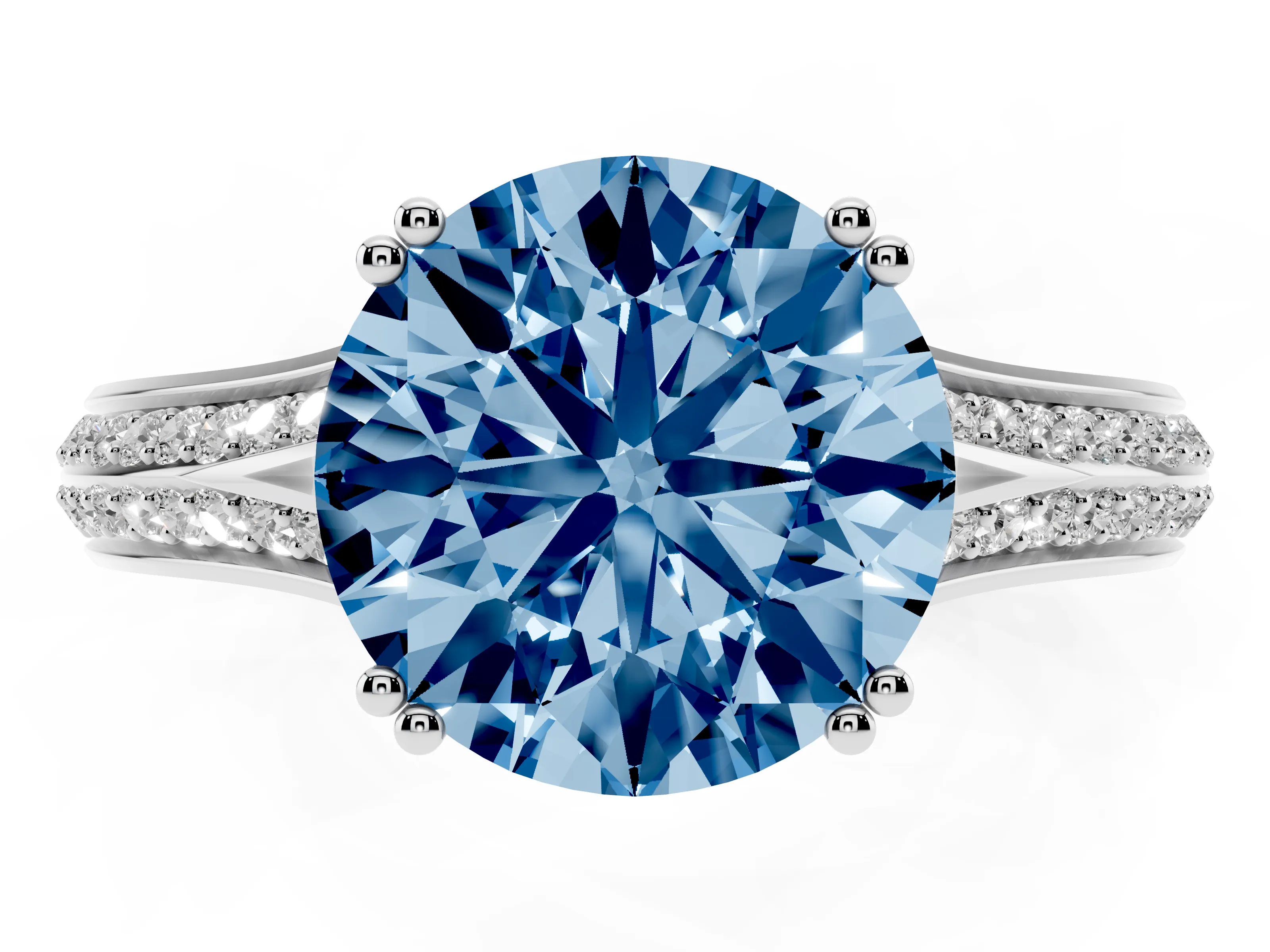 Fancy Blue Round Cut Diamond Split Shank Pavé Engagement Ring Set in Silver with Prong-Set Center Stone