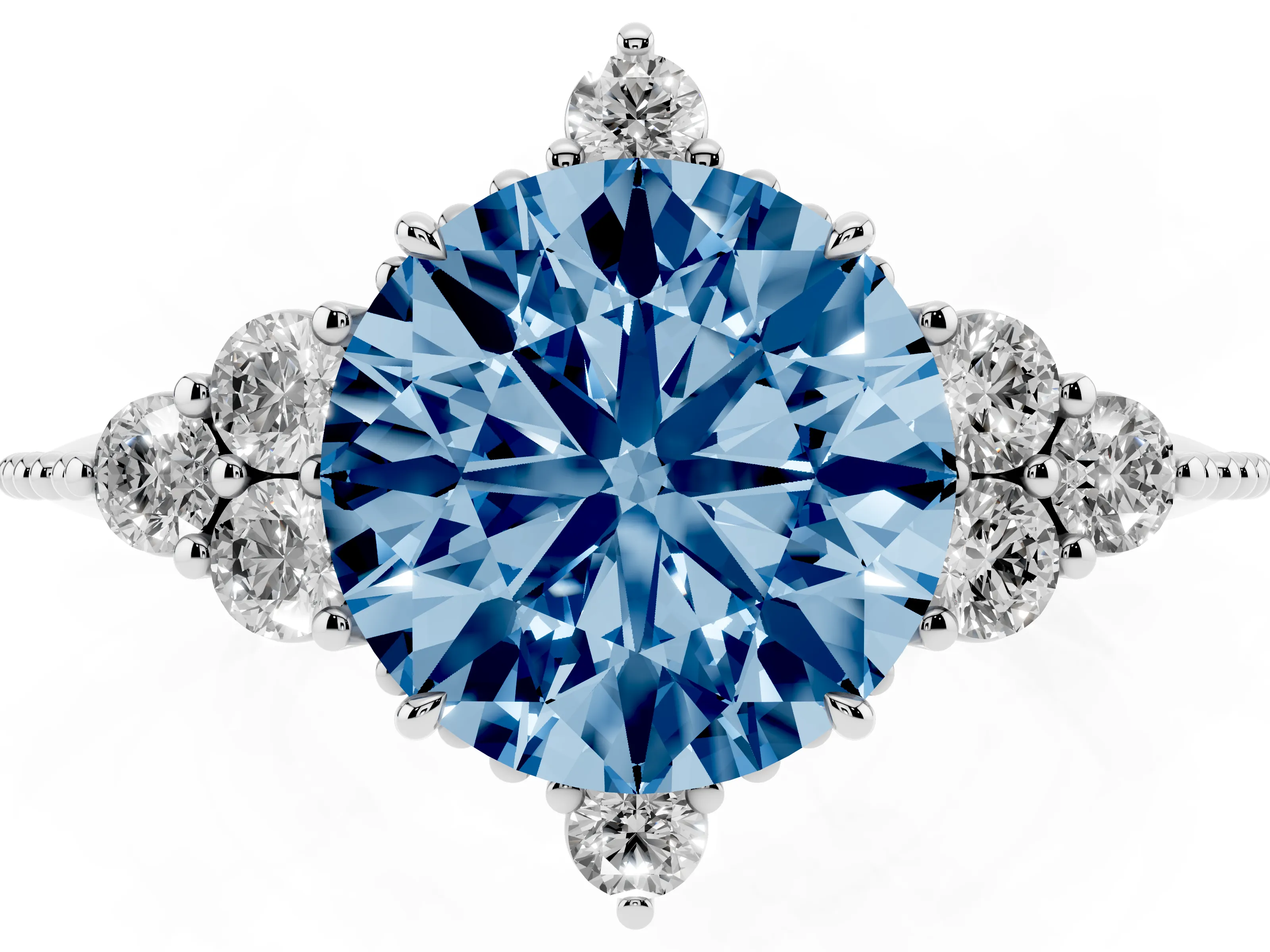 Fancy Blue Round Cut Diamond Cluster Ring Set in Silver with Beaded Band