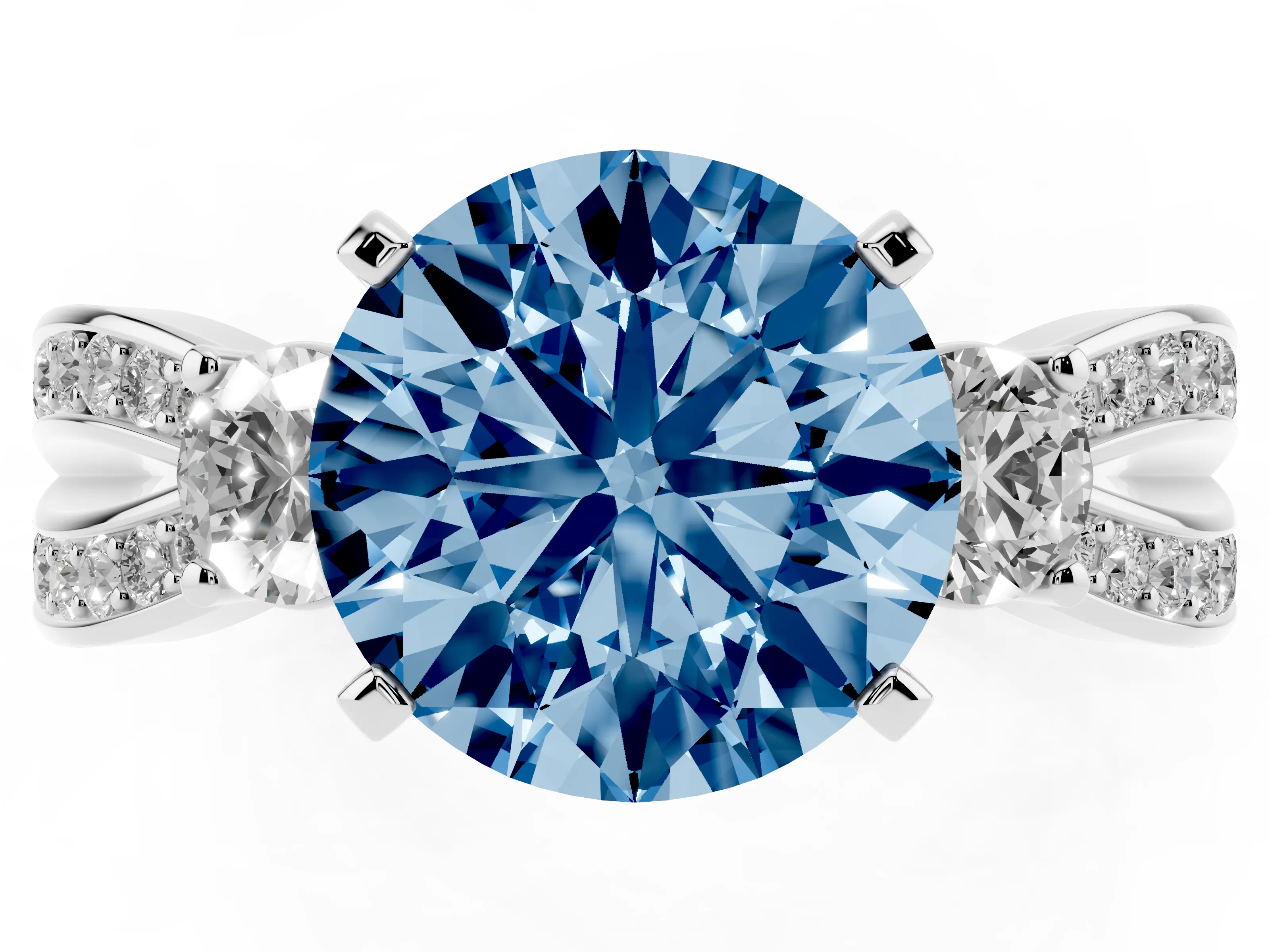 Fancy Blue Three-Stone Round Cut Diamond Twist Band Ring Set in White gold with Pavé Accents and Prong Setting