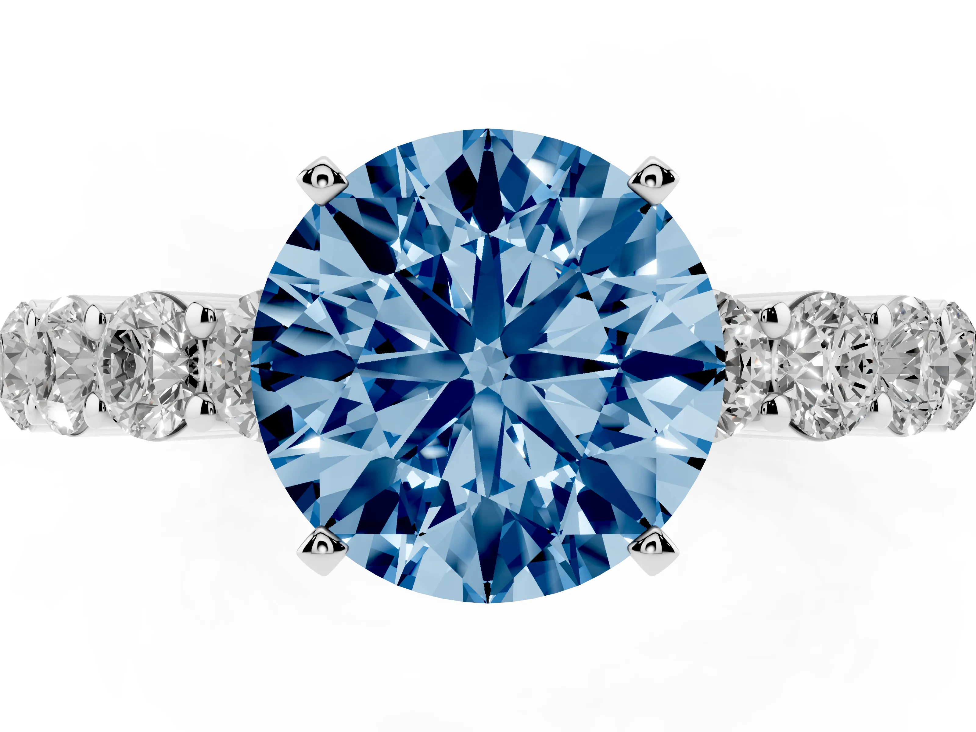 Fancy Blue Round Cut Diamond Solitaire Ring Set in Platinum with Shared Prong Round Side Stones