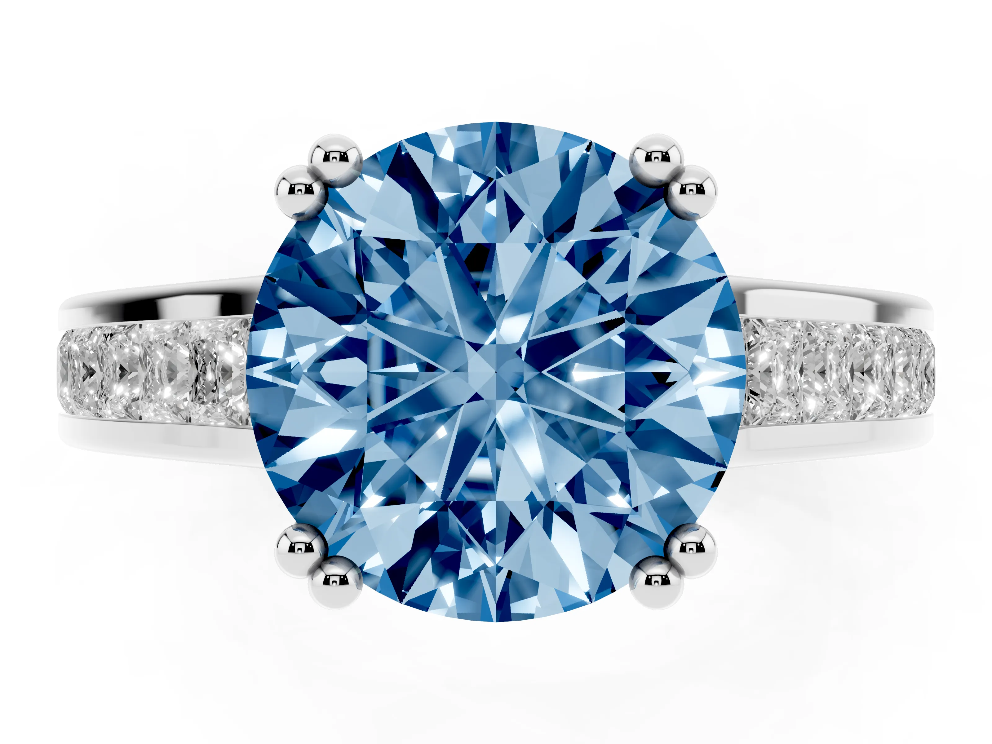 Fancy Blue Round Cut Diamond Channel Set Solitaire Engagement Ring Set in Platinum with Prong Setting