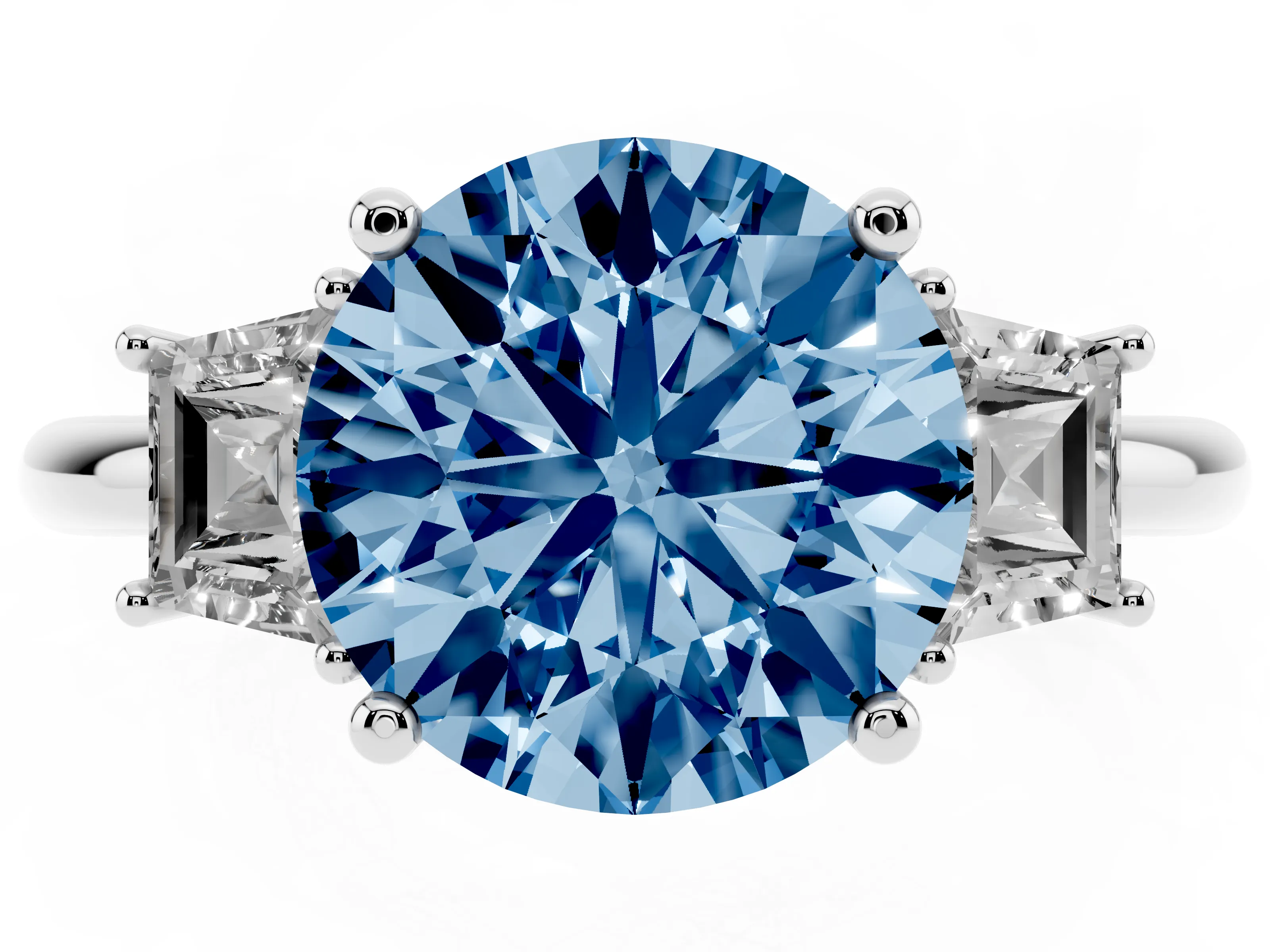 Fancy Blue Round Cut Diamond Three-Stone Ring Set in Silver with Trapezoid Side Stones and Prong Setting