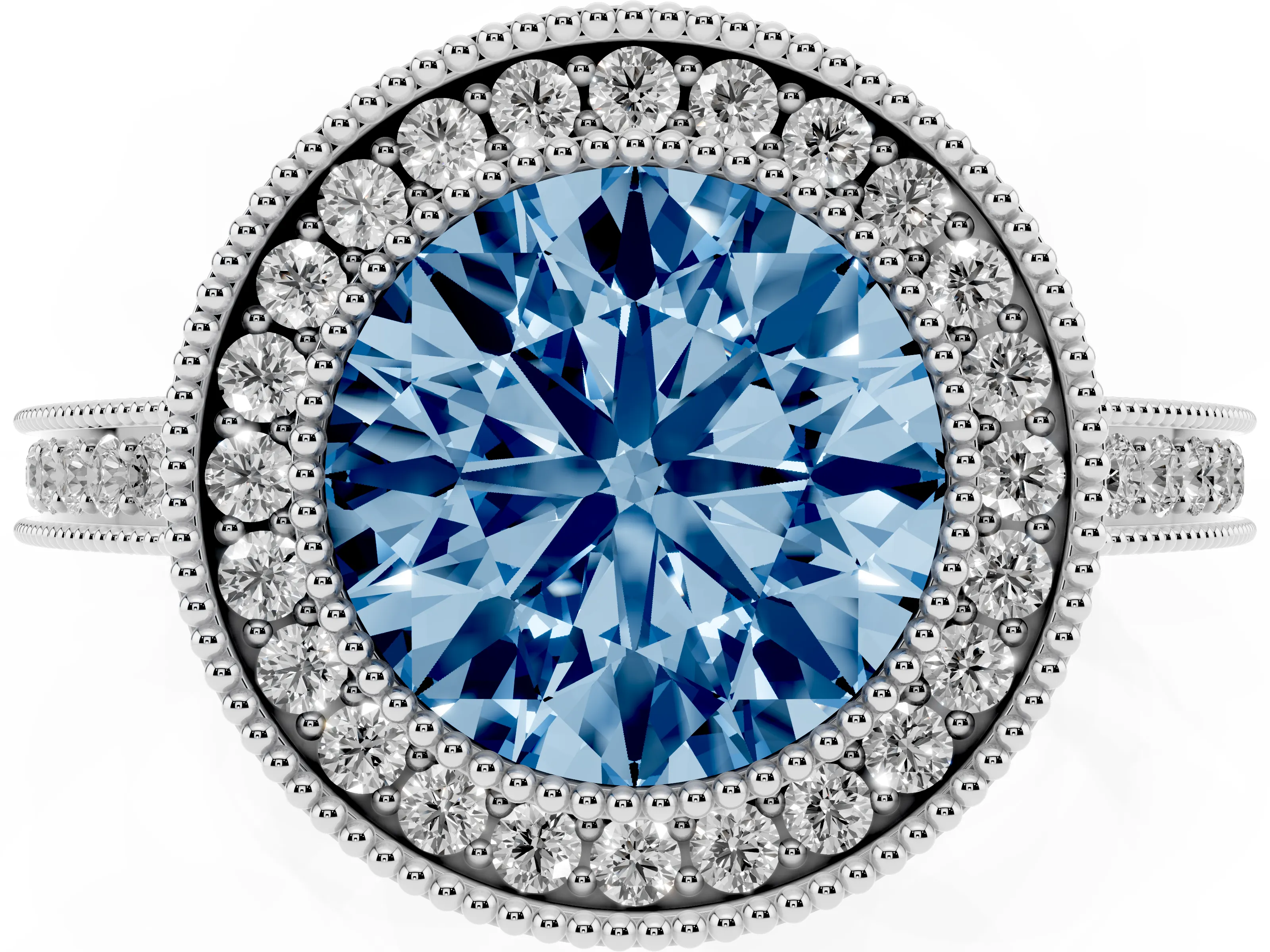 Fancy Blue Round Cut Diamond Halo Ring Set in White gold with Pavé Band and Milgrain-Edged Prongs