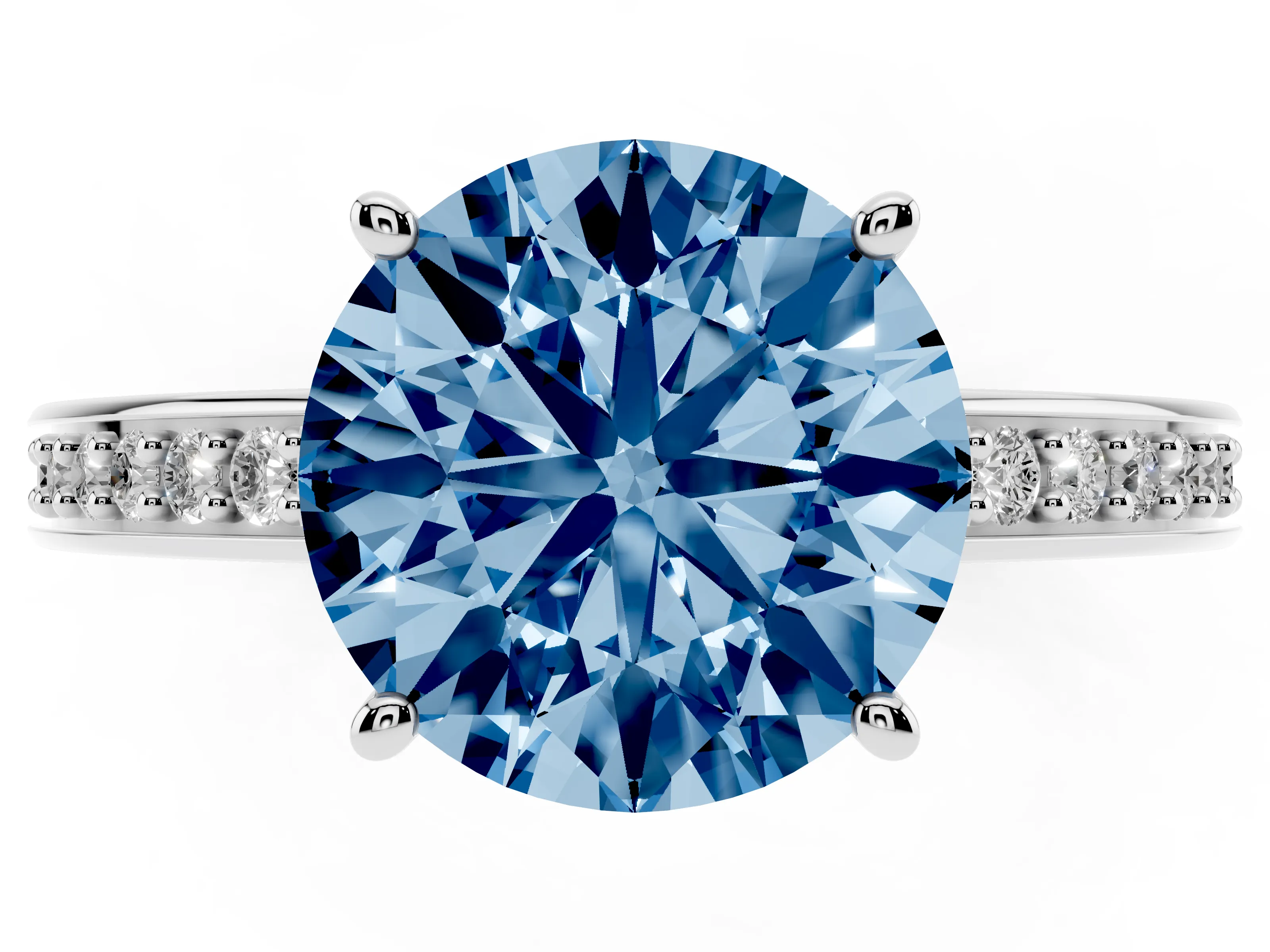 Fancy Blue Round Cut Diamond Pavé Band Prong Set Solitaire Ring Set in Platinum