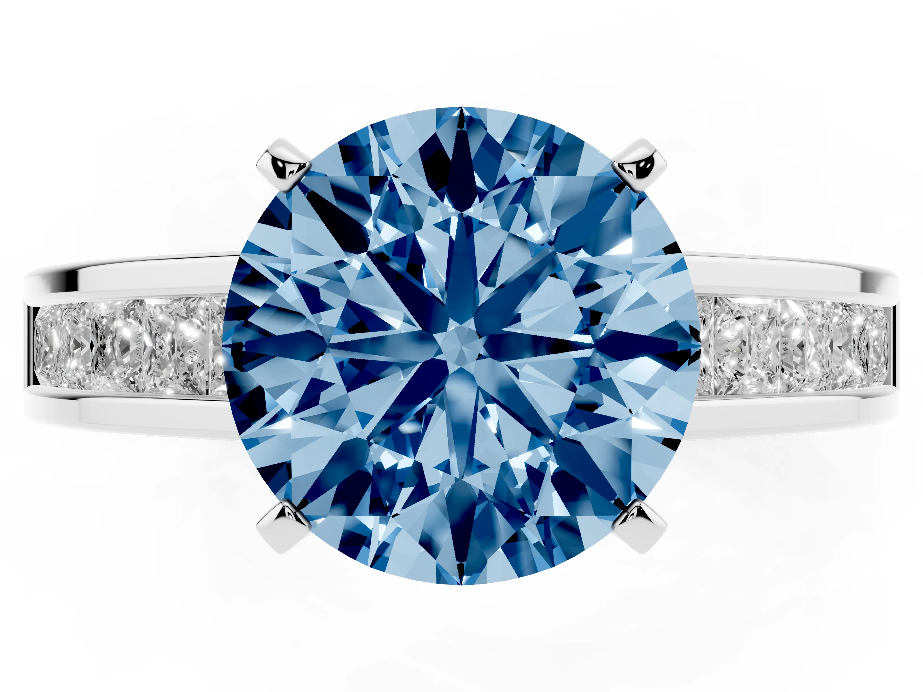 Fancy Blue Round Cut Diamond Solitaire Ring Set in White gold with Channel-Set Band and Prong Setting