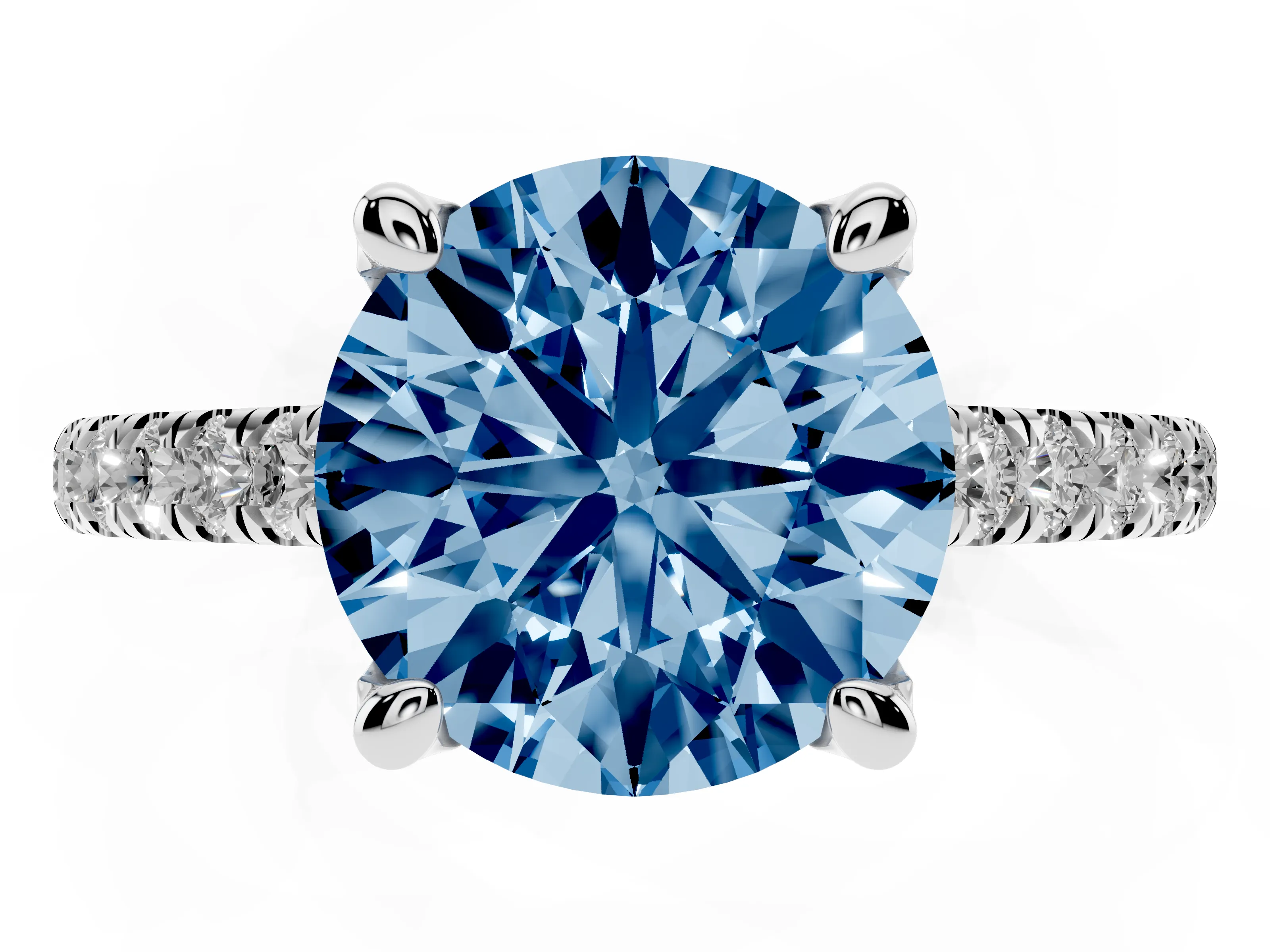 Fancy Blue Round Cut Diamond Solitaire Ring Set in Platinum with Brilliant Pavé Band and Prong Setting