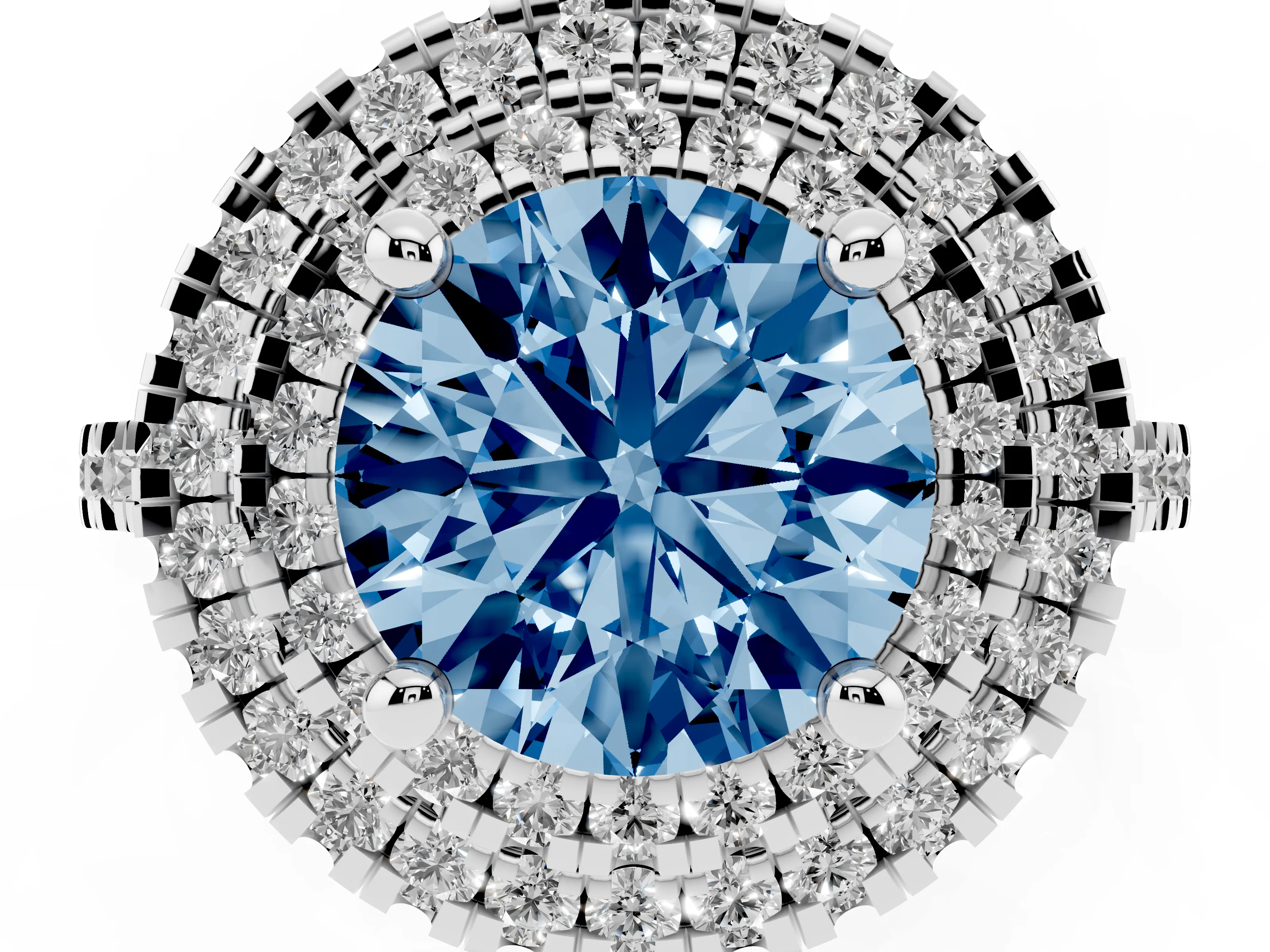 Fancy Blue Round Cut Diamond Double Halo Statement Ring Set in White gold with Pavé Band
