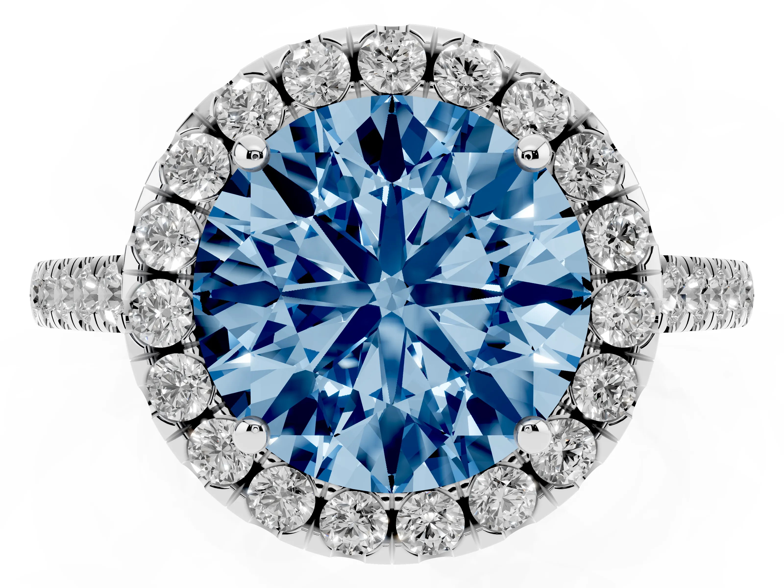 Fancy Blue Round Cut Diamond Pavé Halo Engagement Ring Set in Silver with Pavé Band and Prong Setting