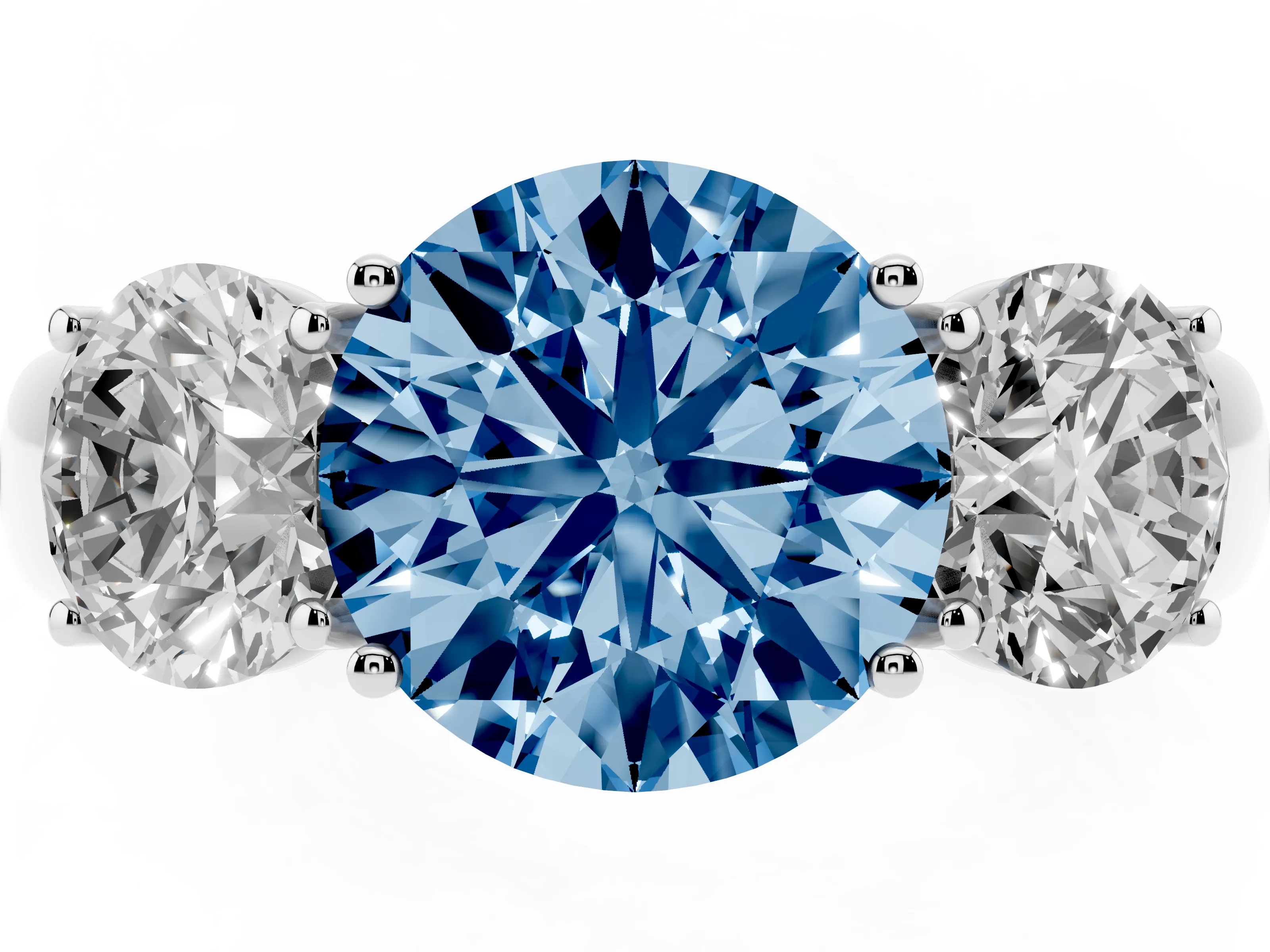 Fancy Blue Three-Stone Round Cut Diamond Ring Set in Silver with Matching Prong Settings and Plain Band