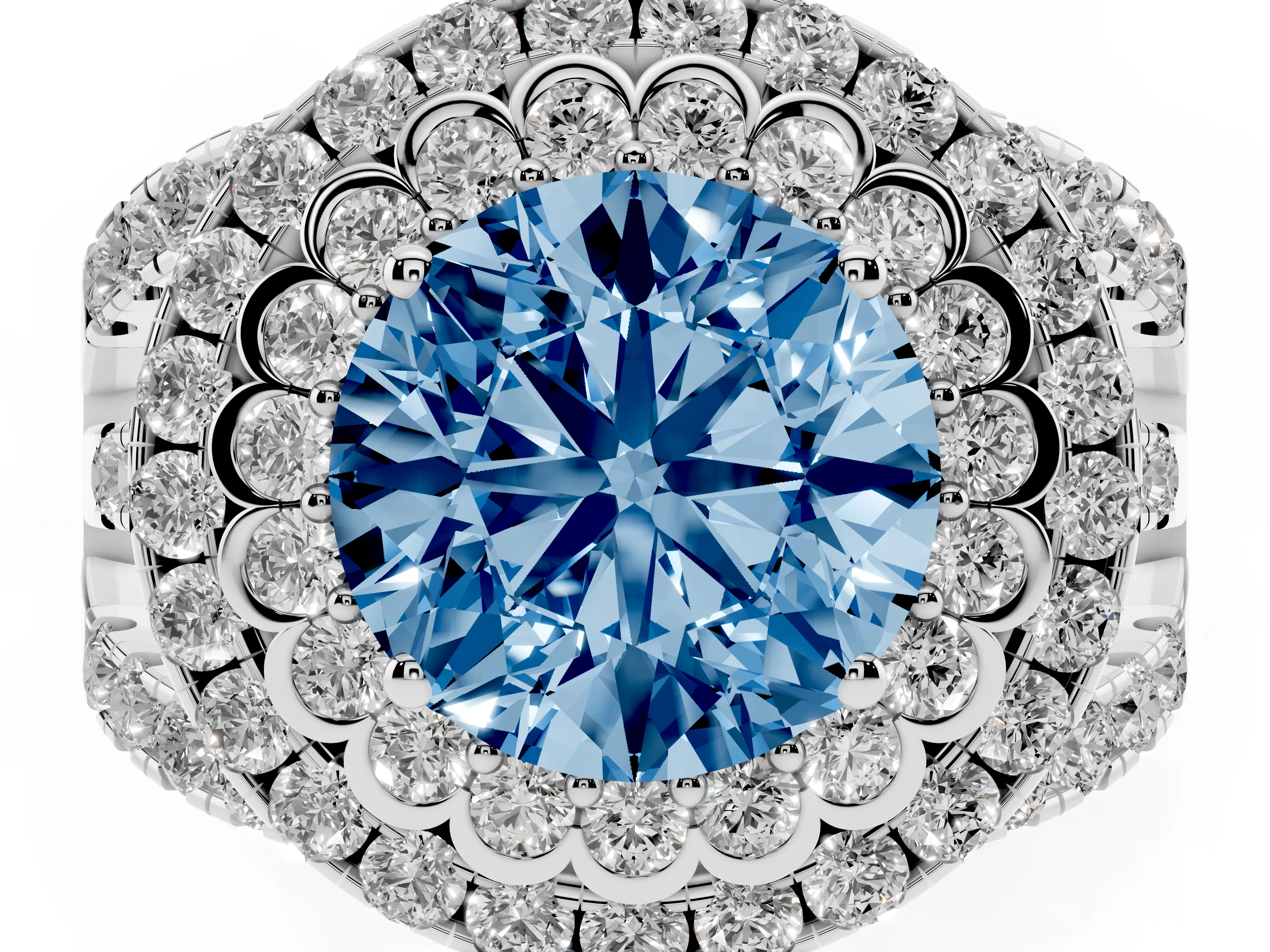Fancy Blue Round Cut Diamond Double Halo Ring Set in White gold with Round Pavé Split Shank