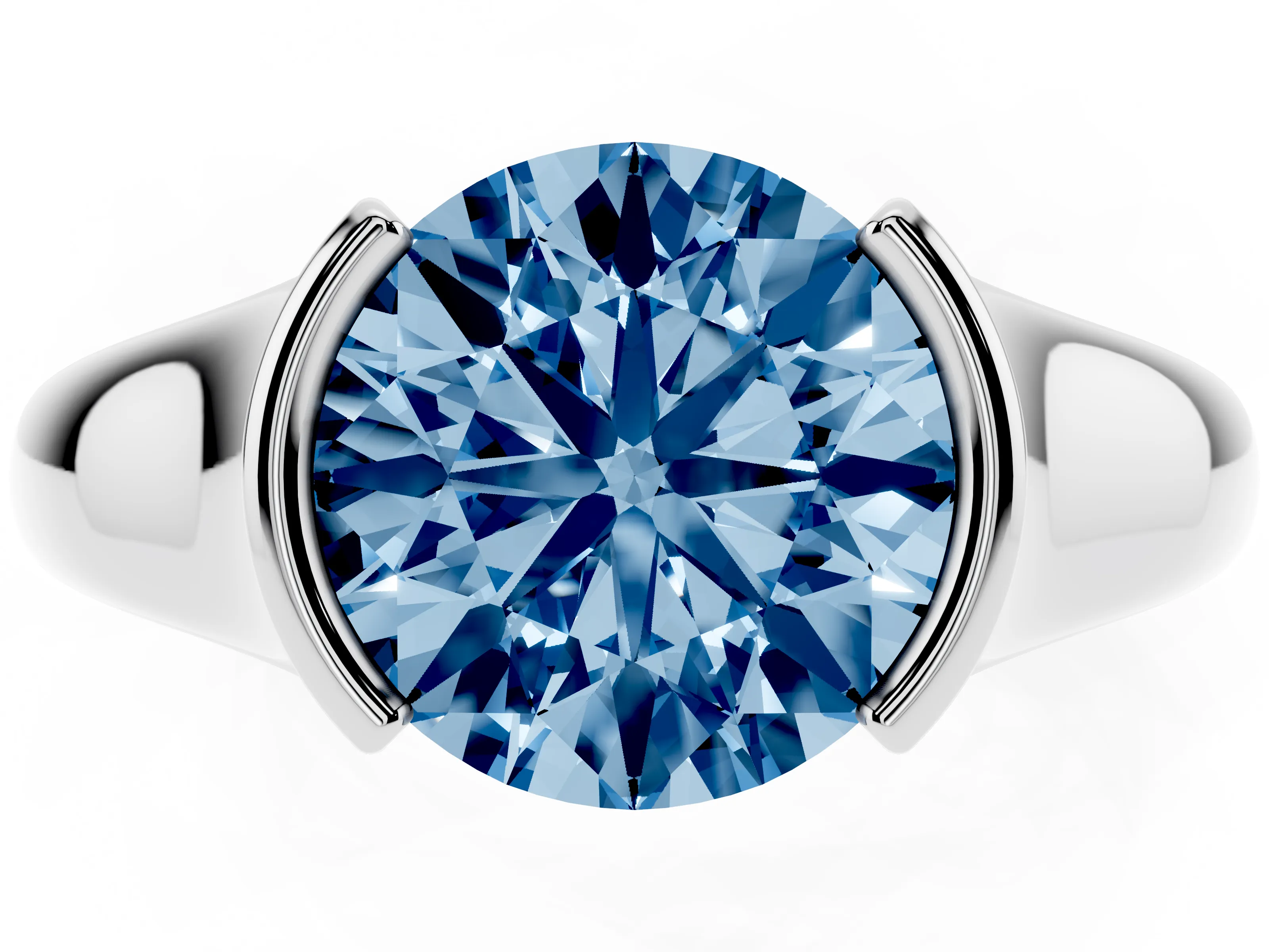 Fancy Blue Round Cut Diamond Solitaire Tension Set Ring Set in Platinum with Split Shank Band