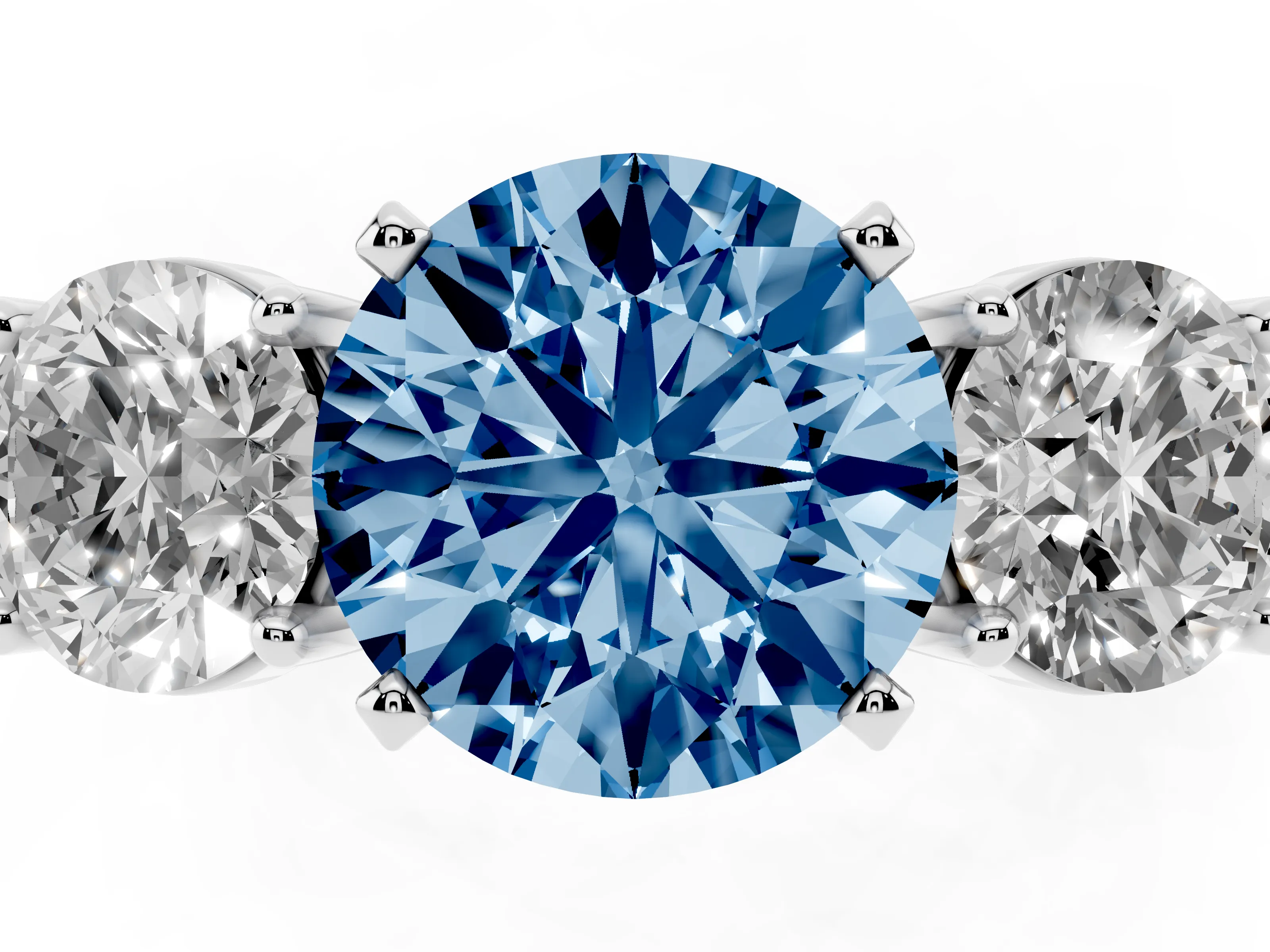 Fancy Blue Round Cut Diamond Three-Stone Ring Set in White gold with Round Side Stones and Classic Band