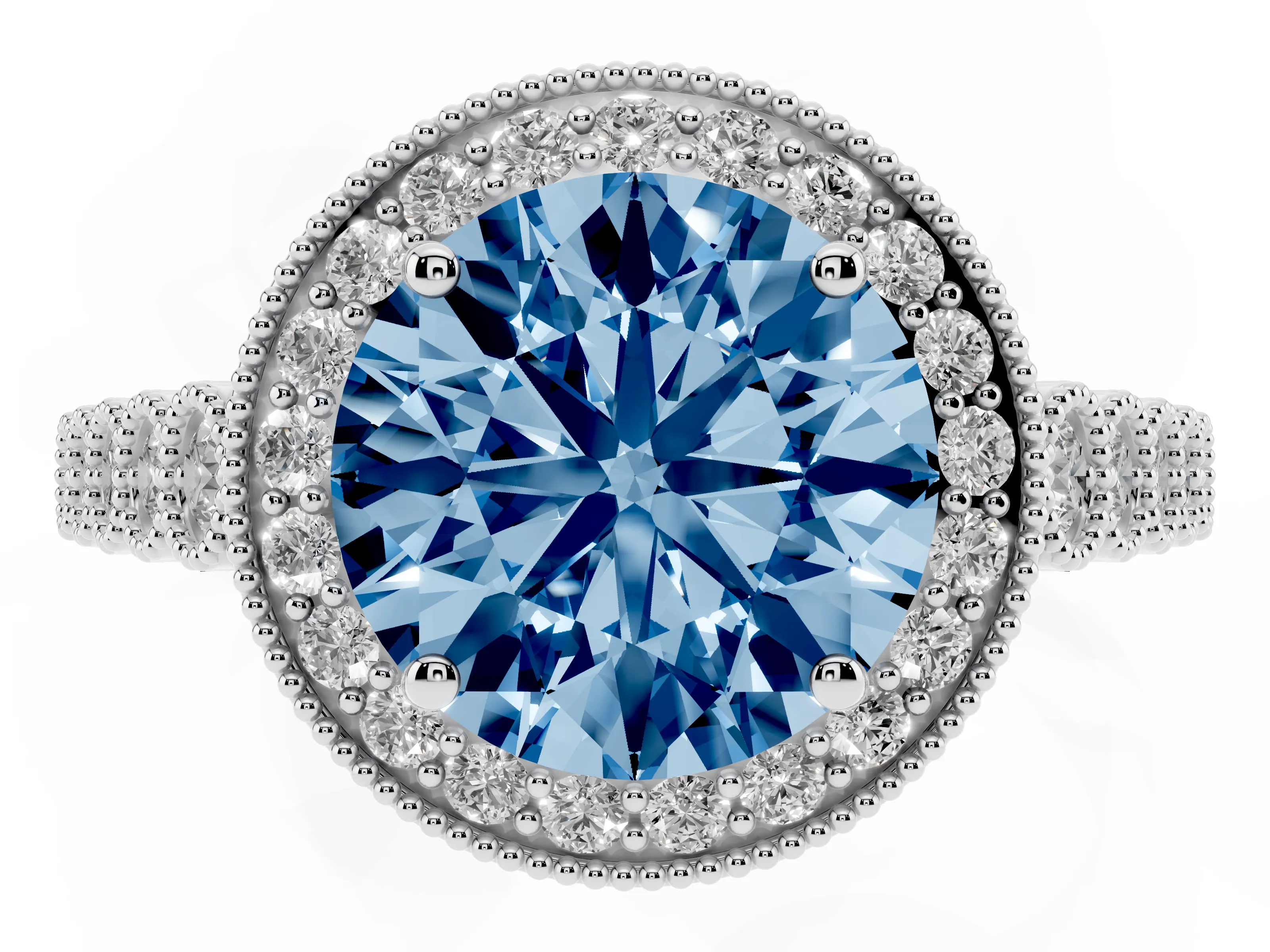 Fancy Blue Round Cut Diamond Milgrain Halo Solitaire Ring Set in White gold with Bezel Set Side Stones and Pavé Band