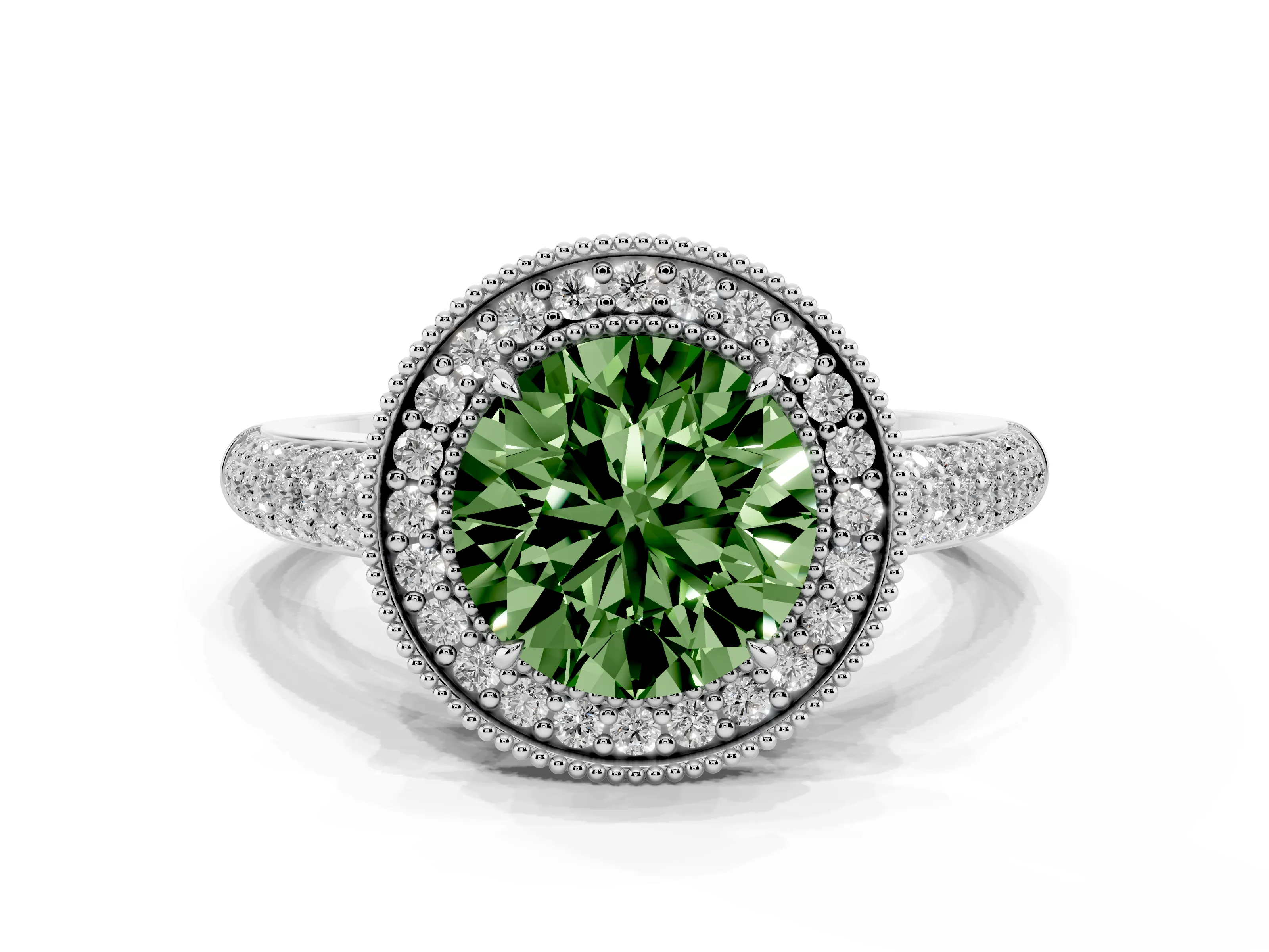 Fancy Green Round Cut Diamond Halo Pavé Band Set in White gold with Prong Setting