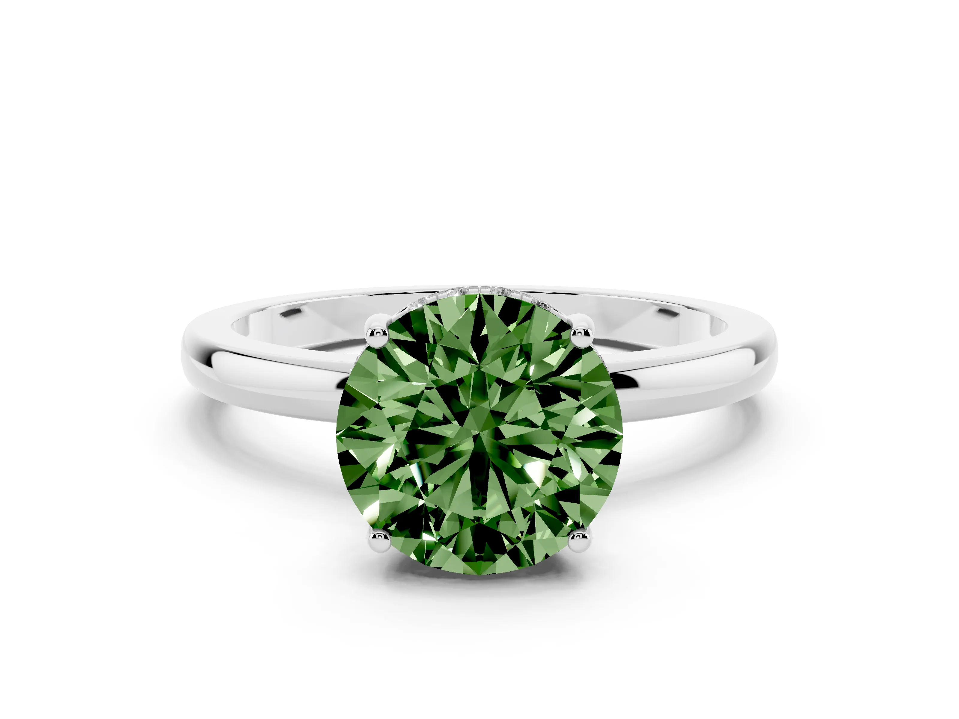 Fancy Green Round Cut Diamond Solitaire Ring Set in White gold with Plain Band and Prong Setting