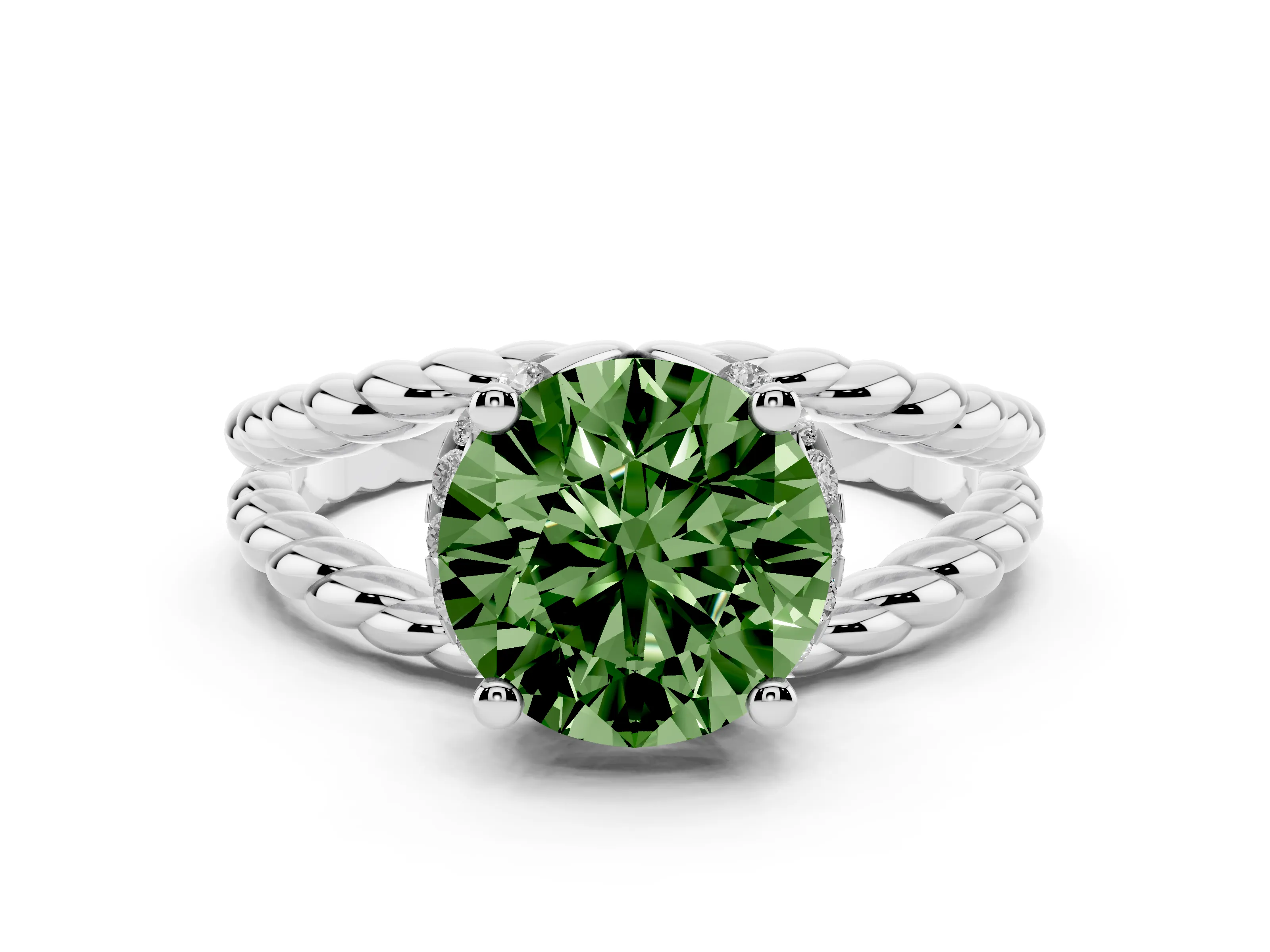 Fancy Green Round Cut Diamond Halo Ring Set in Platinum with Twisted Band and Prong Setting