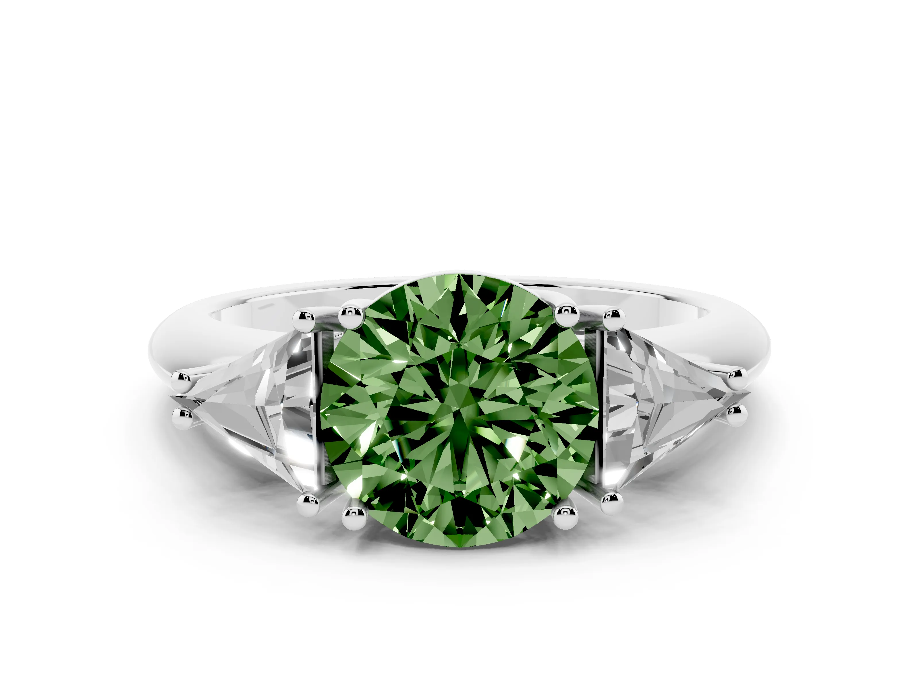 Fancy Green Round Cut Diamond Three-Stone Engagement Ring Set in Silver with Trillion Side Stones