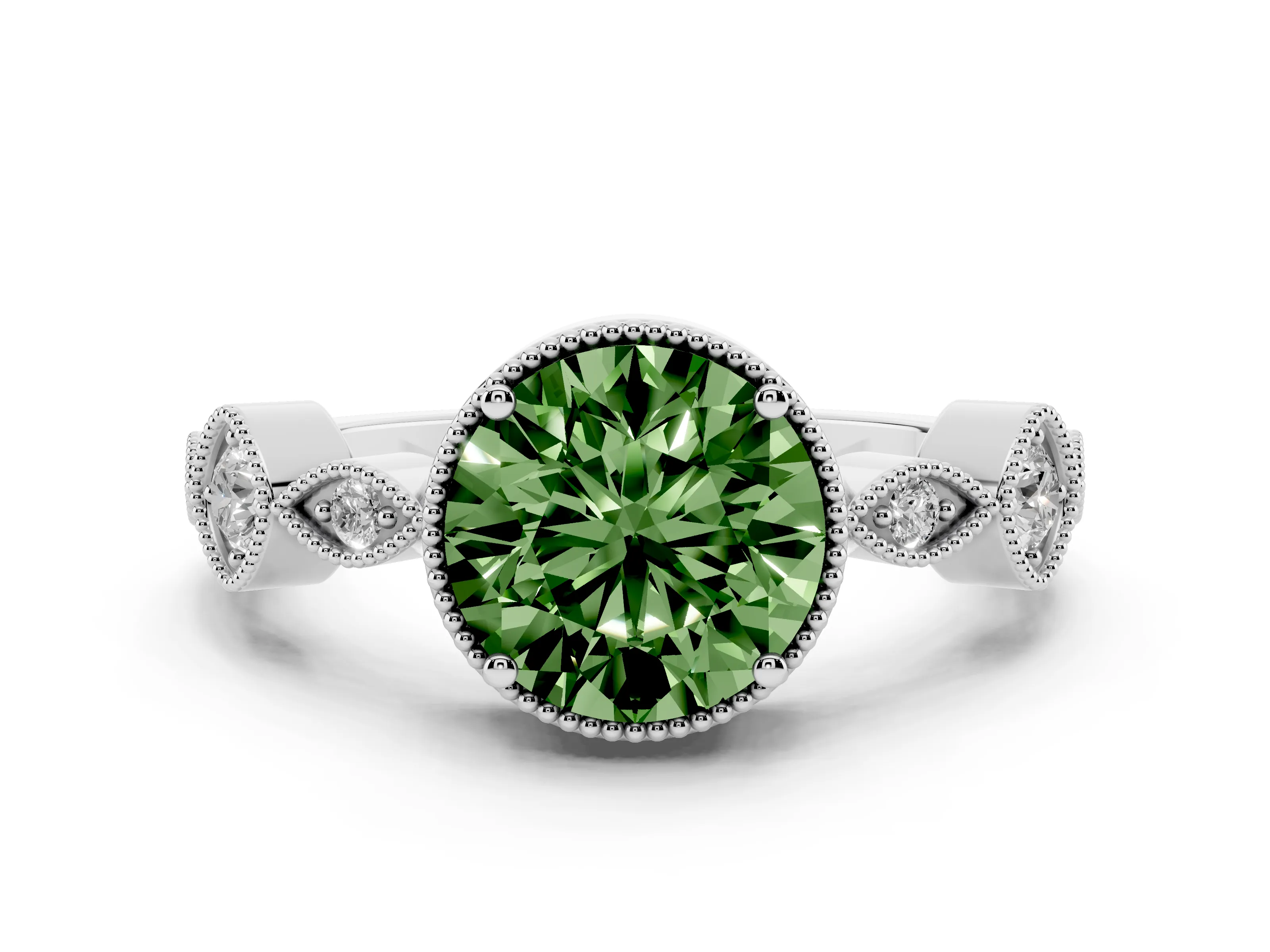 Fancy Green Round Cut Diamond Vintage-Inspired Milgrain Ring Set in White gold with Marquise Stations of Round Accents