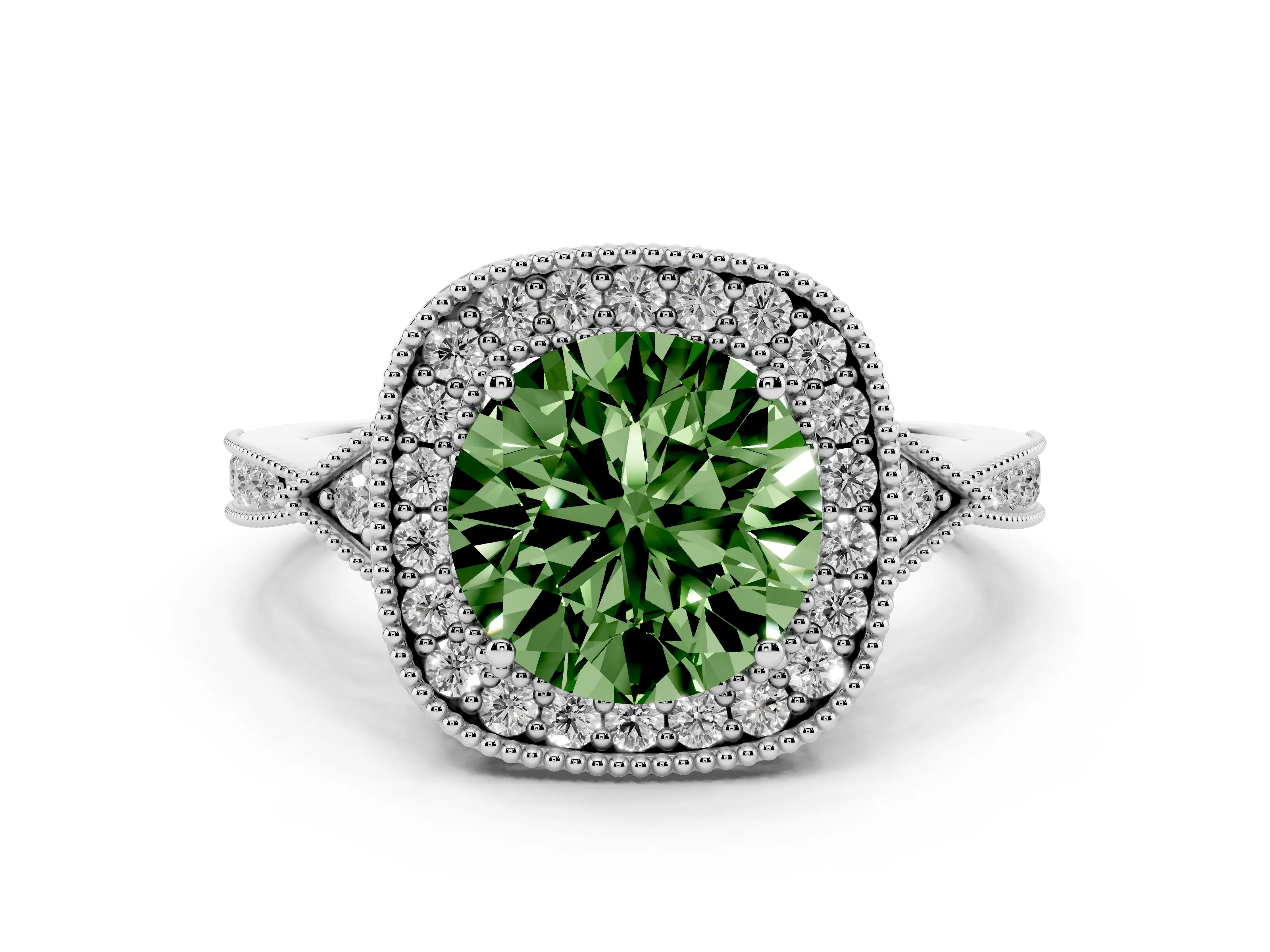 Fancy Green Round Cut Diamond Halo Engagement Ring Set in Platinum with Milgrain Pavé Band