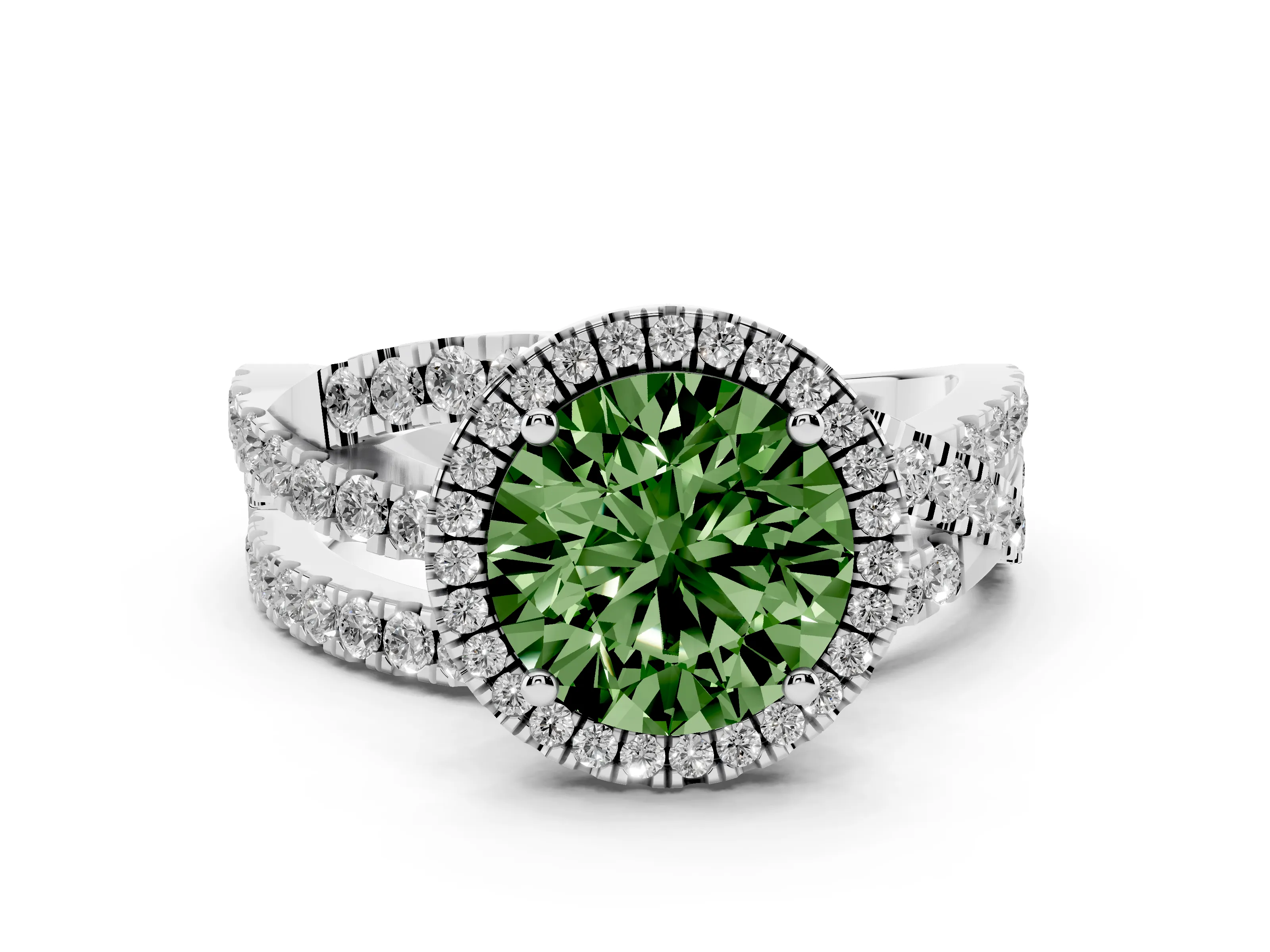 Fancy Green Round Cut Diamond Halo Ring Set in Platinum with Round Crossover Split Shank and Prong Setting