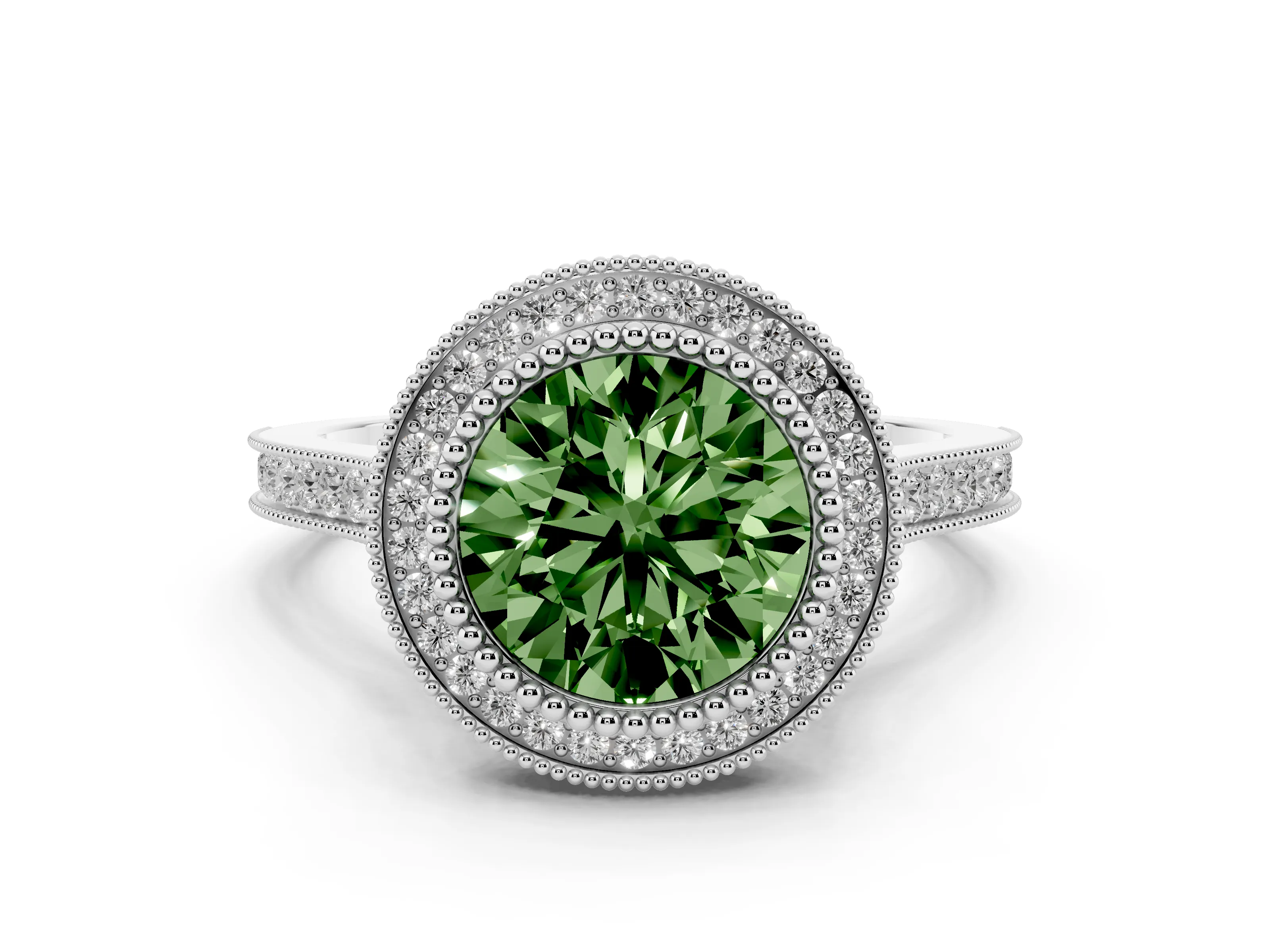 Fancy Green Round Cut Diamond Halo Ring Set in White gold with Milgrain Frame and Pavé Band