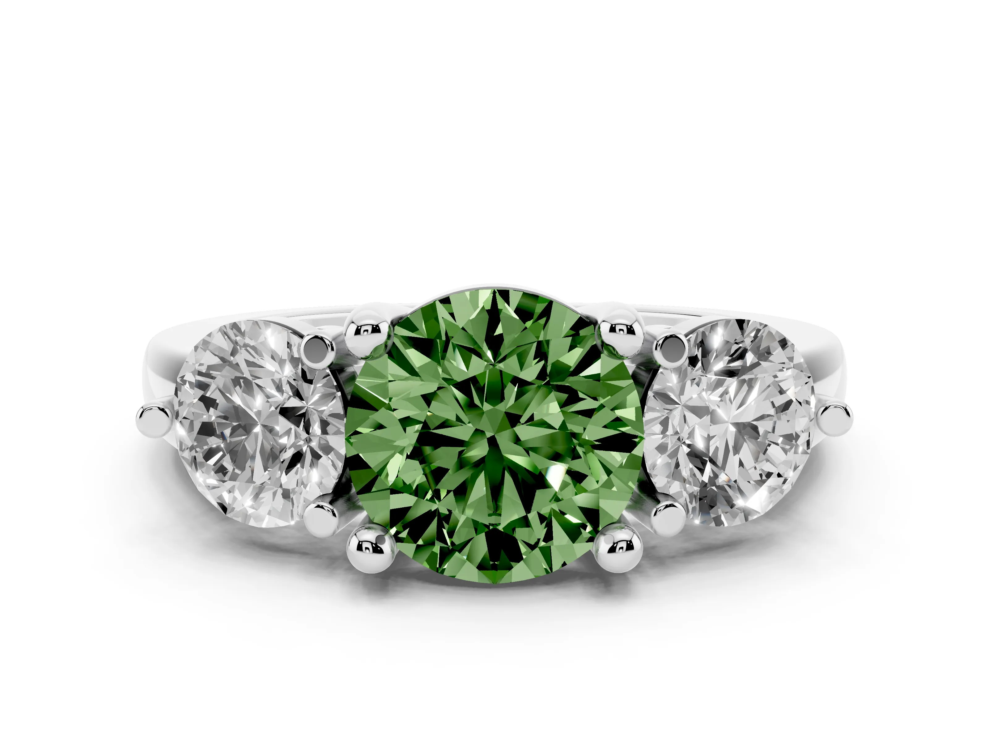 Fancy Green Round Cut Diamond Three-Stone Ring Set in Silver with Prong Setting and Classic Band