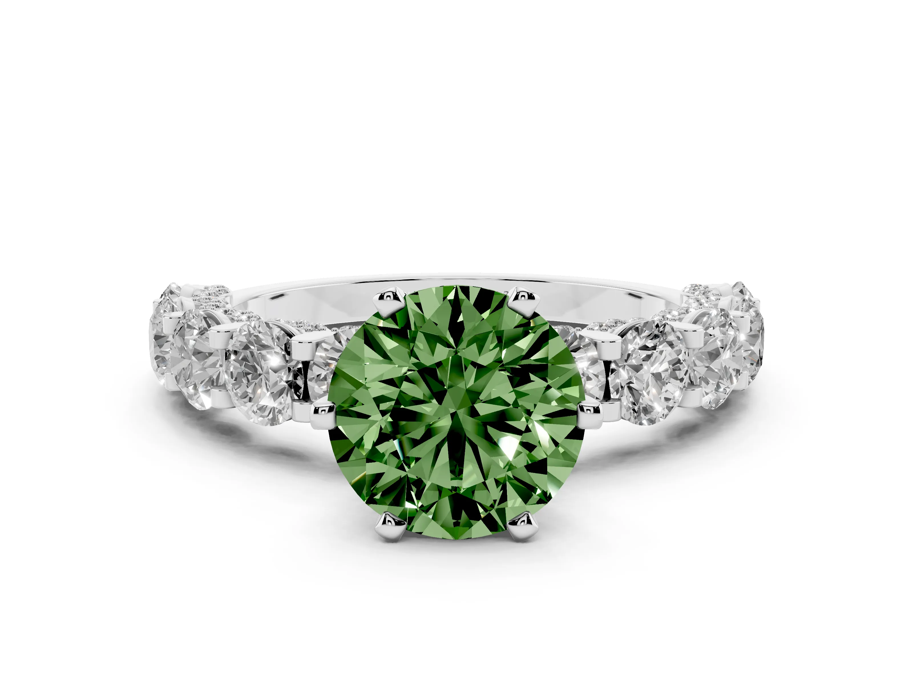Fancy Green Round Cut Diamond Side Stone Ring Set in White gold with Alternating Round and Oval Side Stones