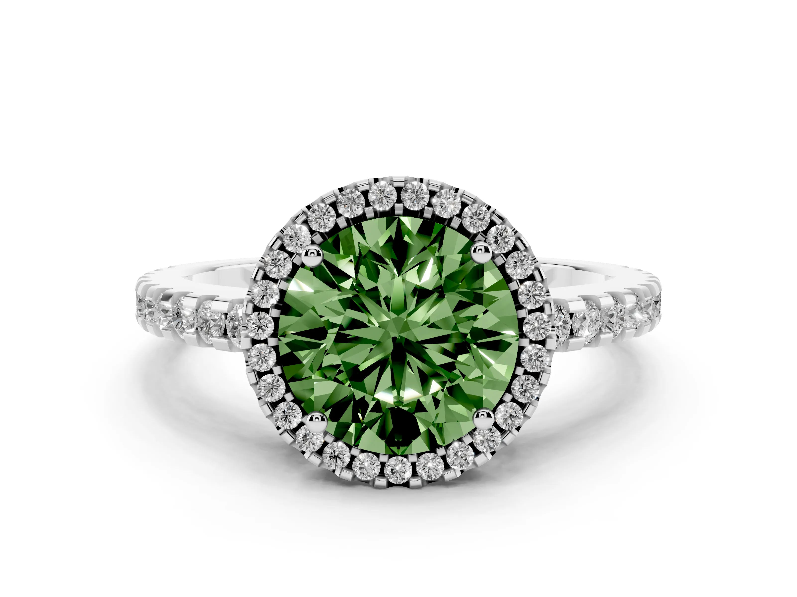 Fancy Green Round Cut Diamond Halo Ring Set in Platinum with Pavé Shoulders and Halo-Framed Center