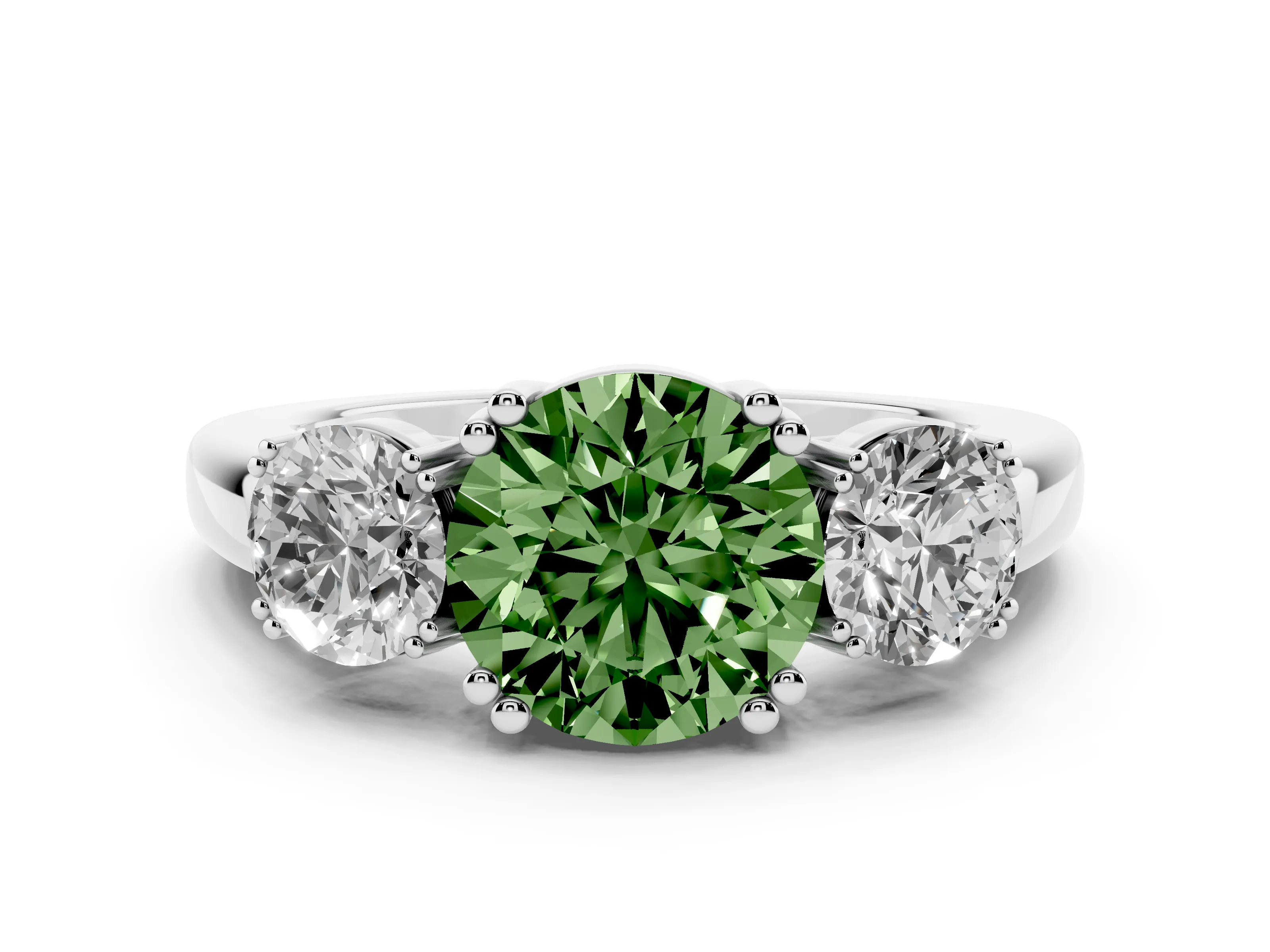 Fancy Green Round Cut Diamond Three-Stone Ring Set in White gold with Polished Channel-Set Band