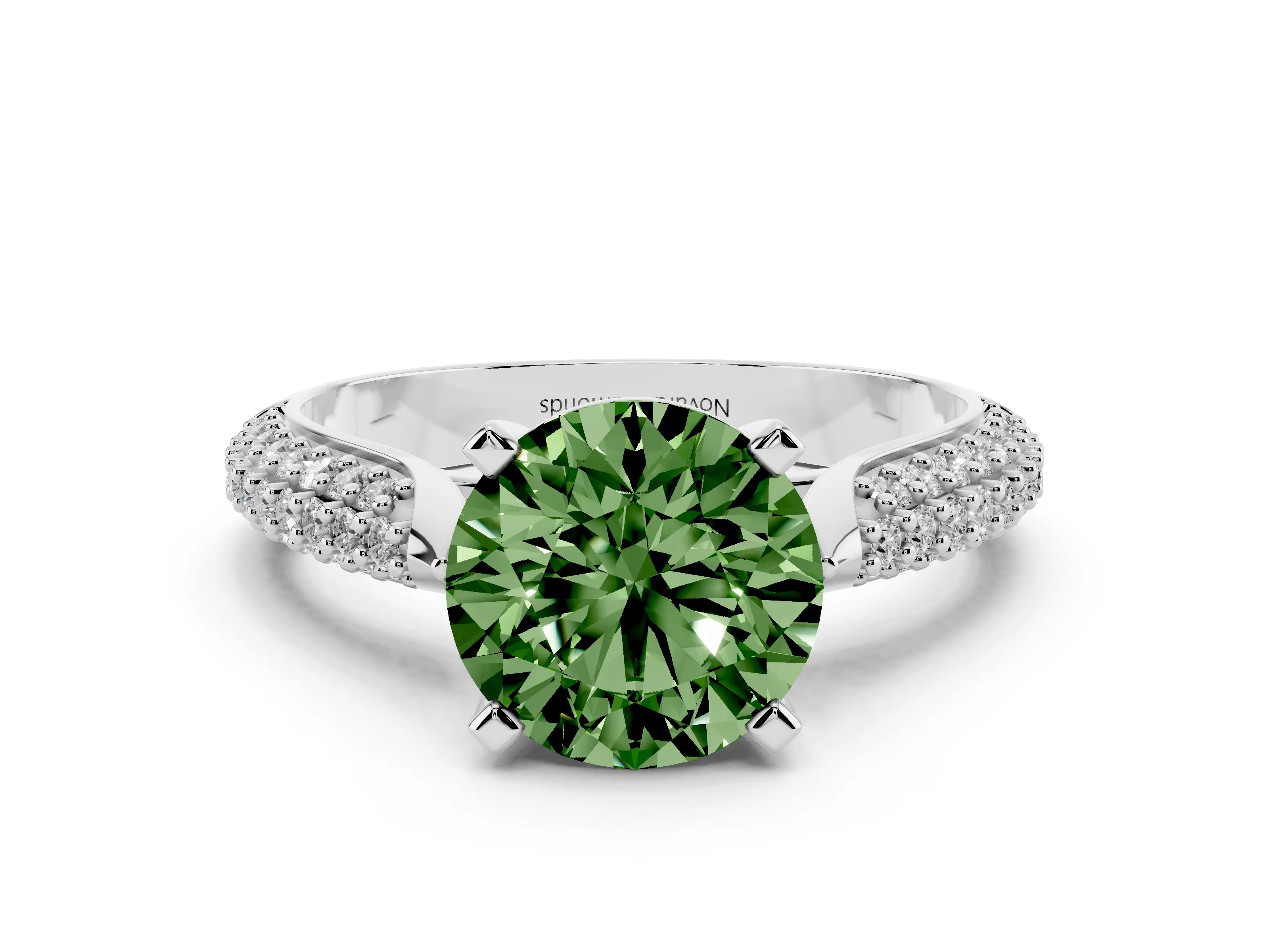 Fancy Green Round Cut Diamond Solitaire Engagement Ring Set in Platinum with Multi-Row Round Pavé Band and Prong Setting