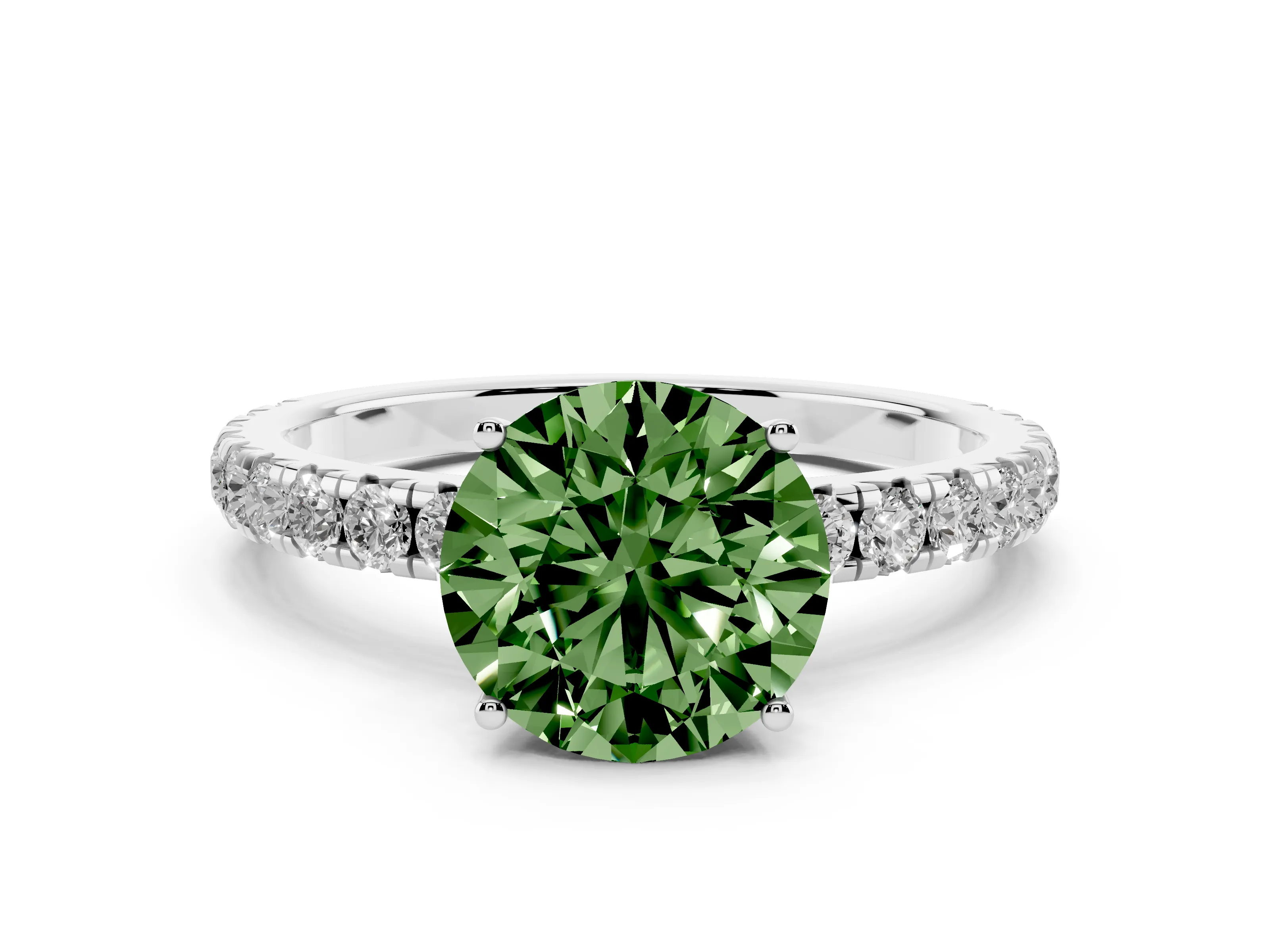 Fancy Green Round Cut Diamond Pavé Solitaire Engagement Ring Set in White gold with Prong Setting