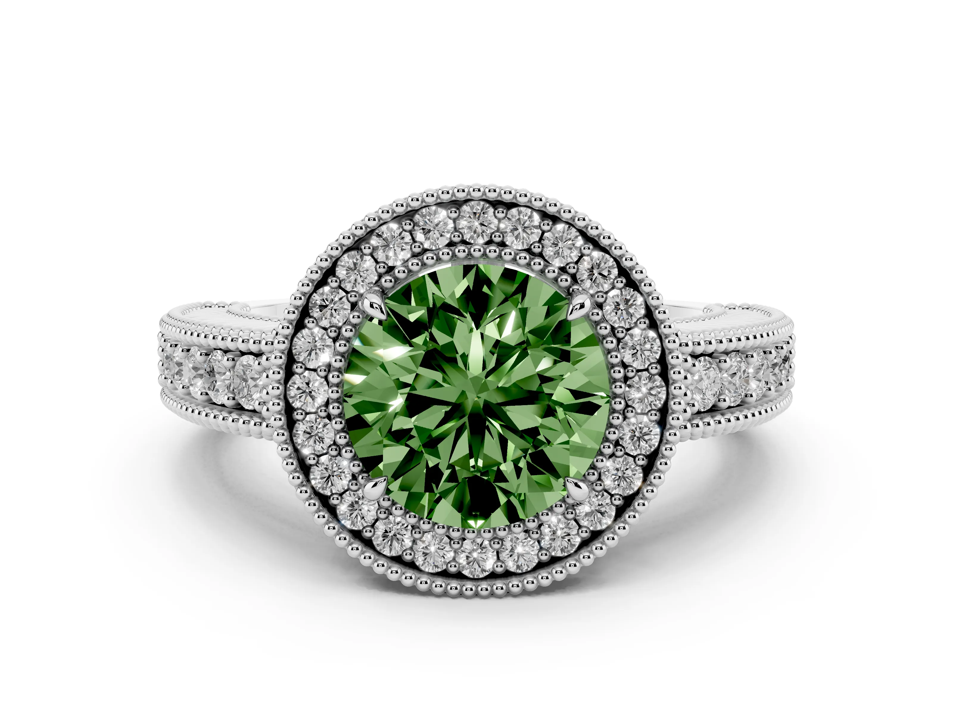Fancy Green Round Cut Diamond Halo Ring Set in White gold with Round Accent Halo, Pavé Band and Prong Setting