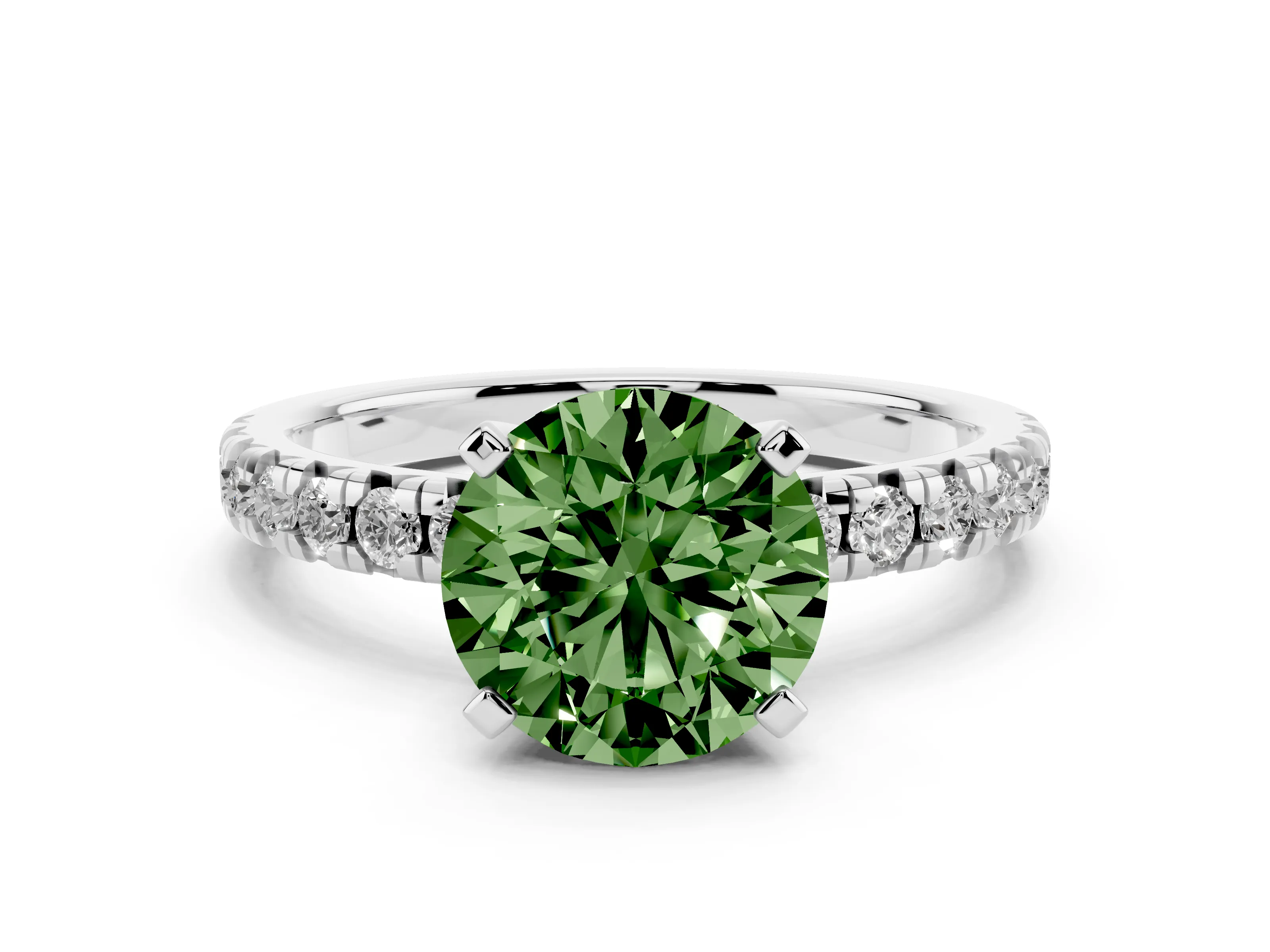 Fancy Green Round Cut Diamond Solitaire Pavé Engagement Ring Set in White gold with Round Band and Prong Setting