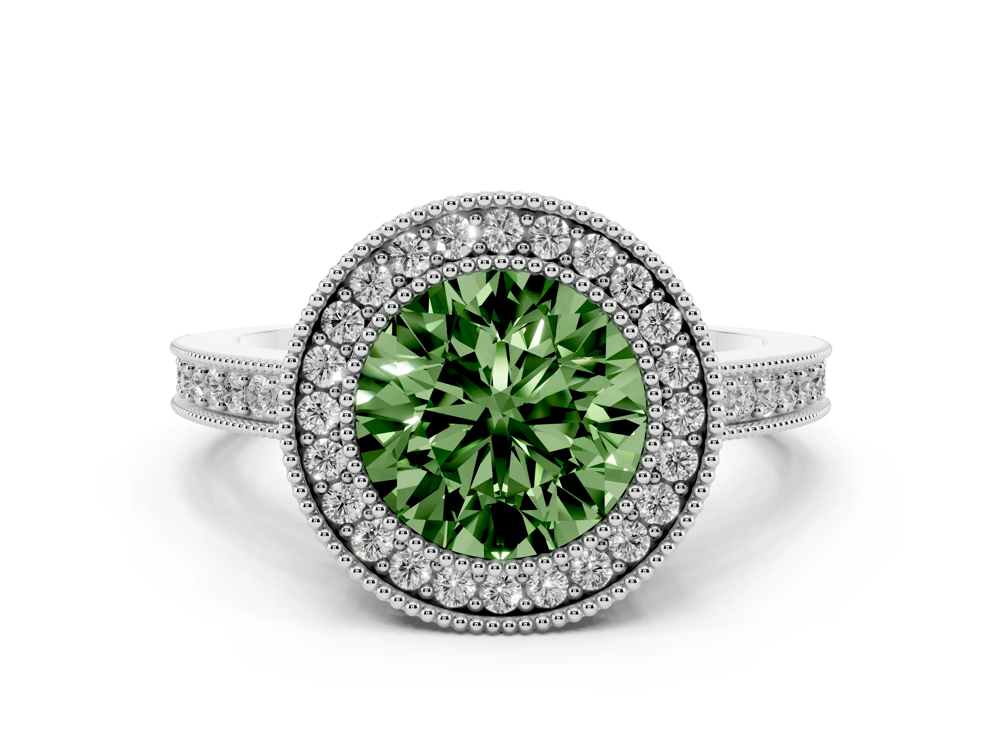 Fancy Green Round Cut Diamond Round Halo Ring Set in White gold with Pavé Band