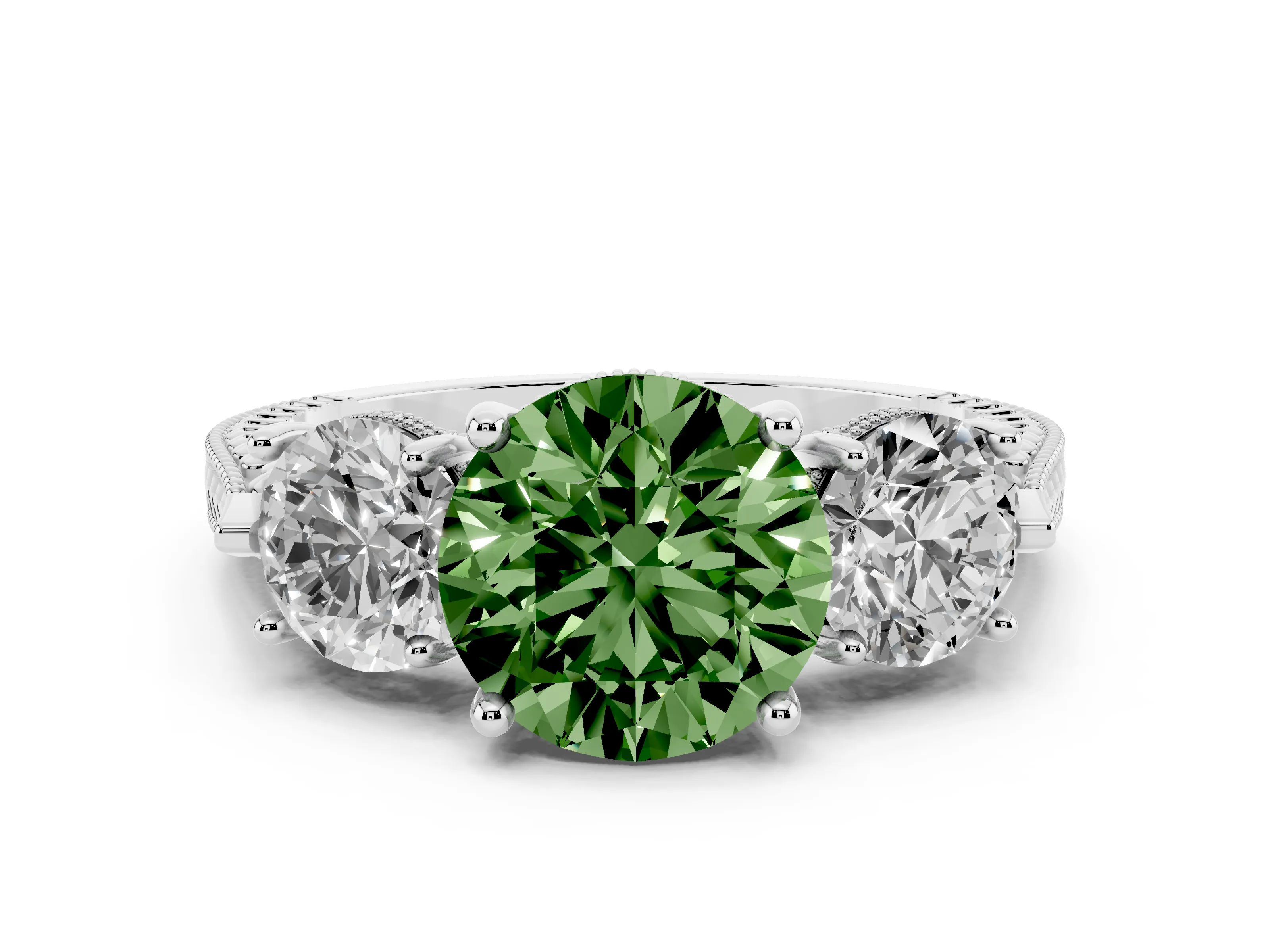 Fancy Green Round Cut Diamond Three-Stone Ring Set in Platinum with Milgrain Band