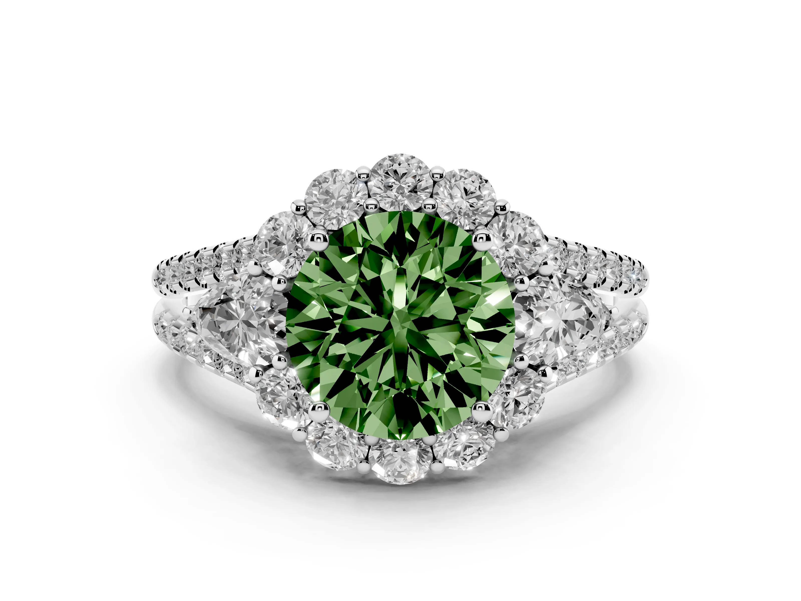 Fancy Green Round Cut Diamond Halo Split Shank Engagement Ring Set in White gold with Prong-Held Center Stone