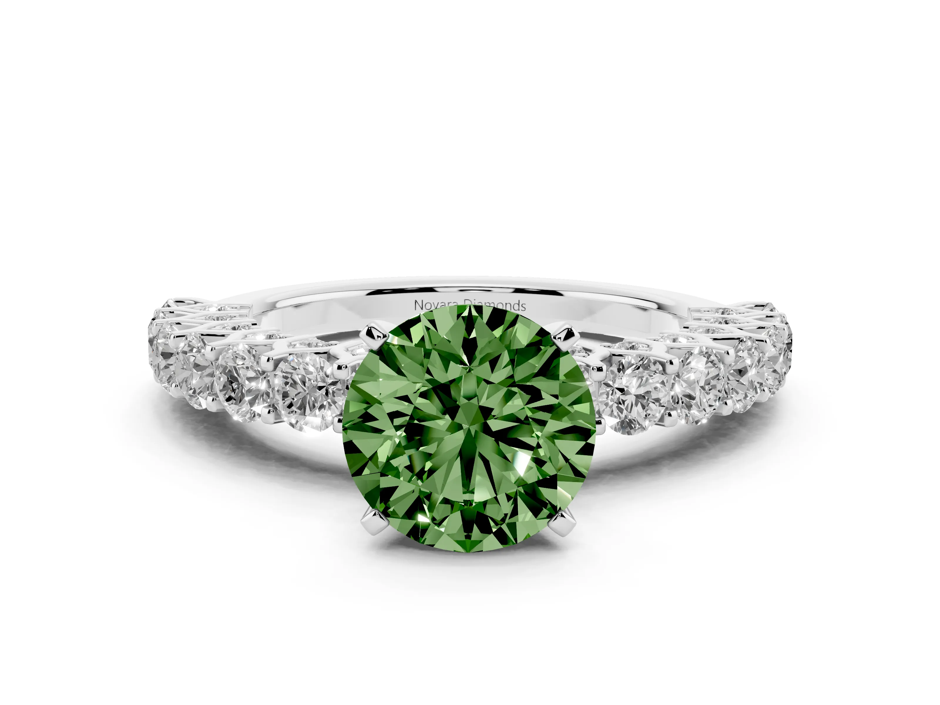 Fancy Green Round Cut Diamond Solitaire Ring Set in Platinum with Shared Prong Pavé Band