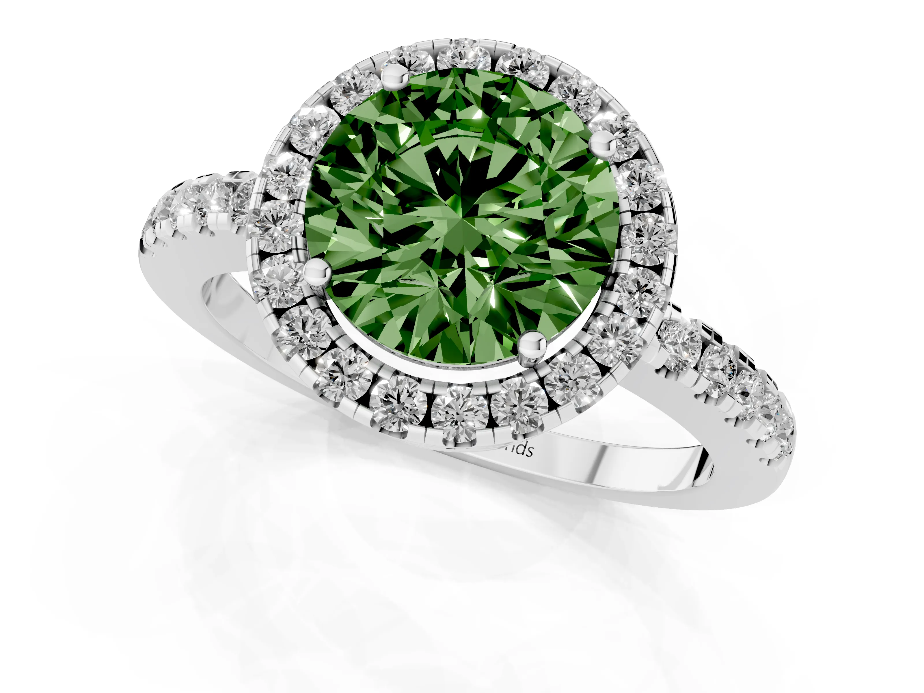 Fancy Green Round Cut Diamond Pavé Band Halo Engagement Ring Set in Platinum with Prong Setting
