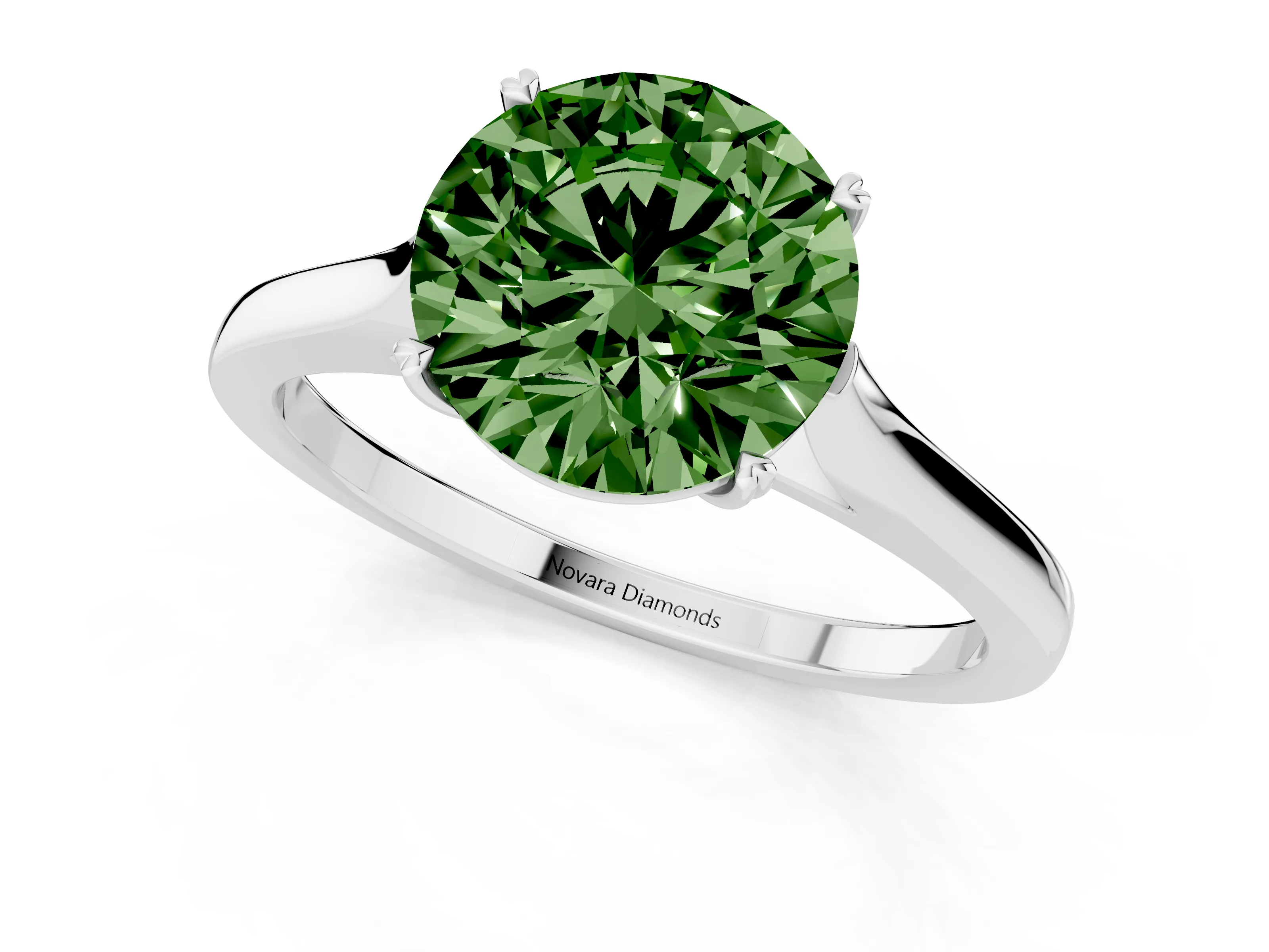 Fancy Green Round Cut Diamond Solitaire Heart Prong Engagement Ring Set in Platinum with Tapered Band