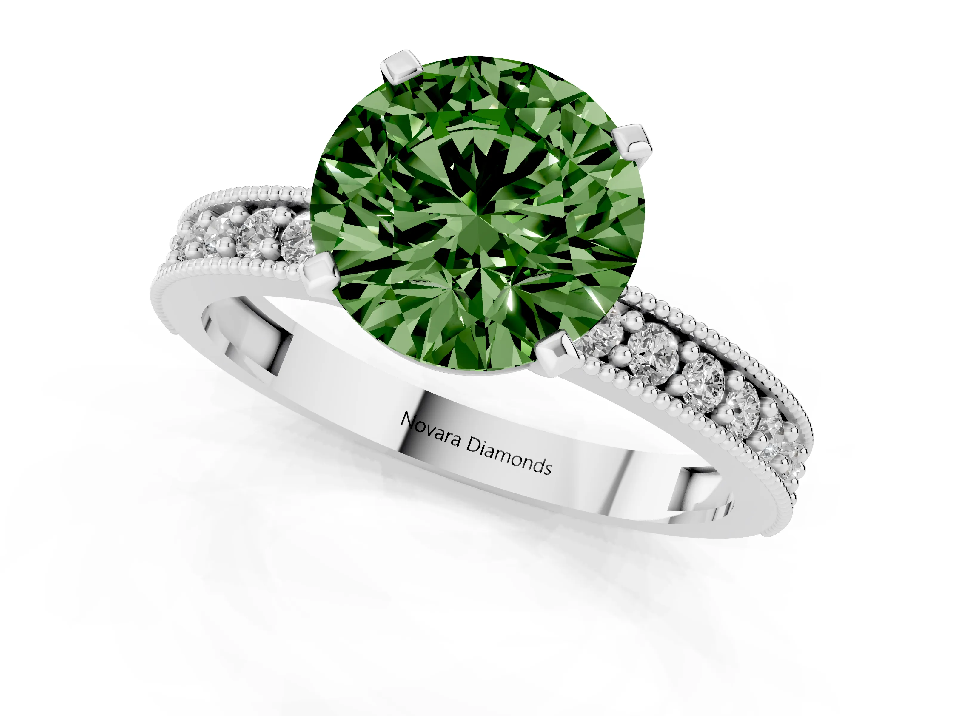 Fancy Green Round Cut Diamond Milgrain Pavé Engagement Ring Set in White gold with Prong Setting