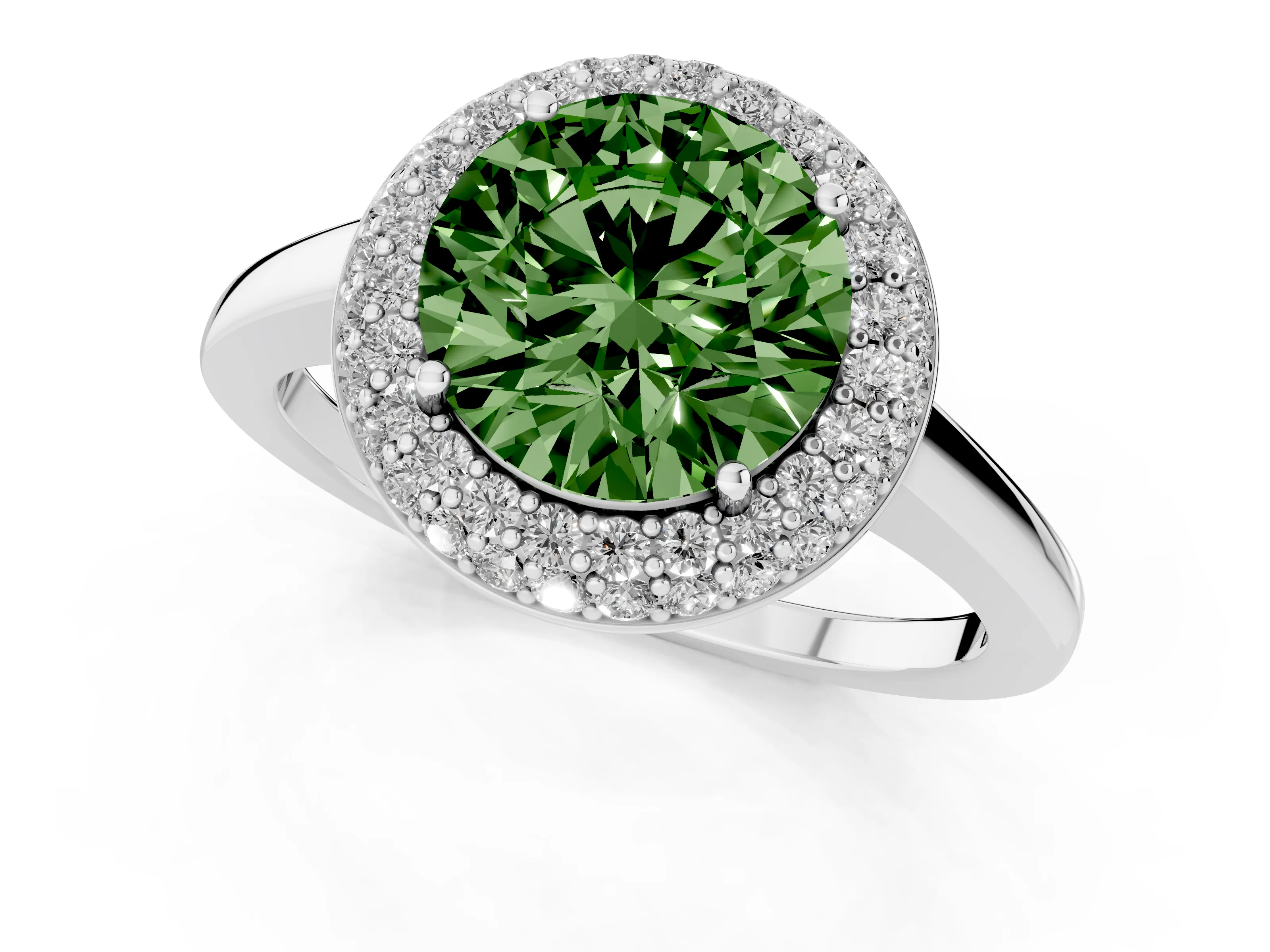 Fancy Green Round Cut Diamond Halo Engagement Ring Set in Platinum with Solitaire Band and Prong Setting
